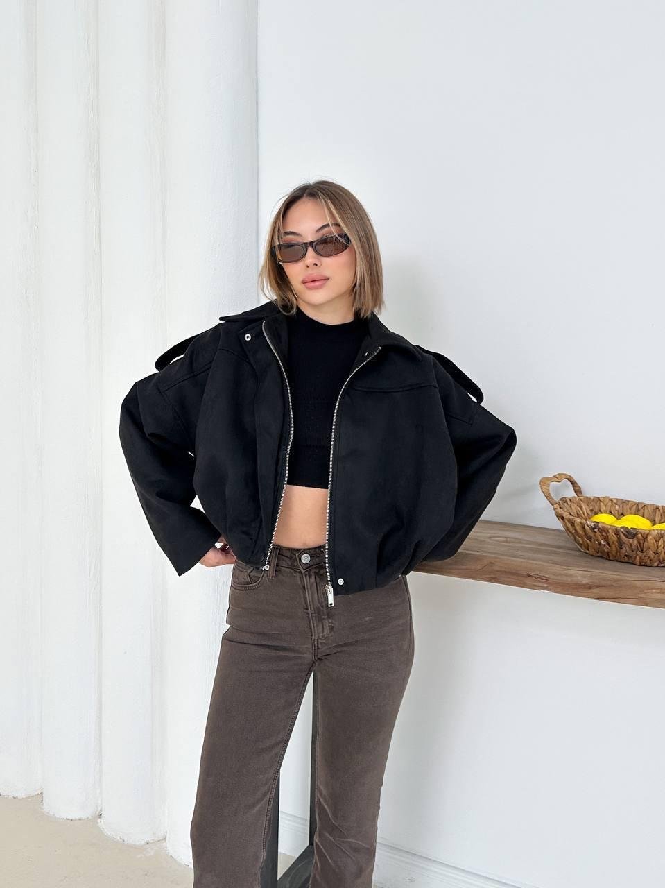 Siyah Oversize Süet Bomber Ceket