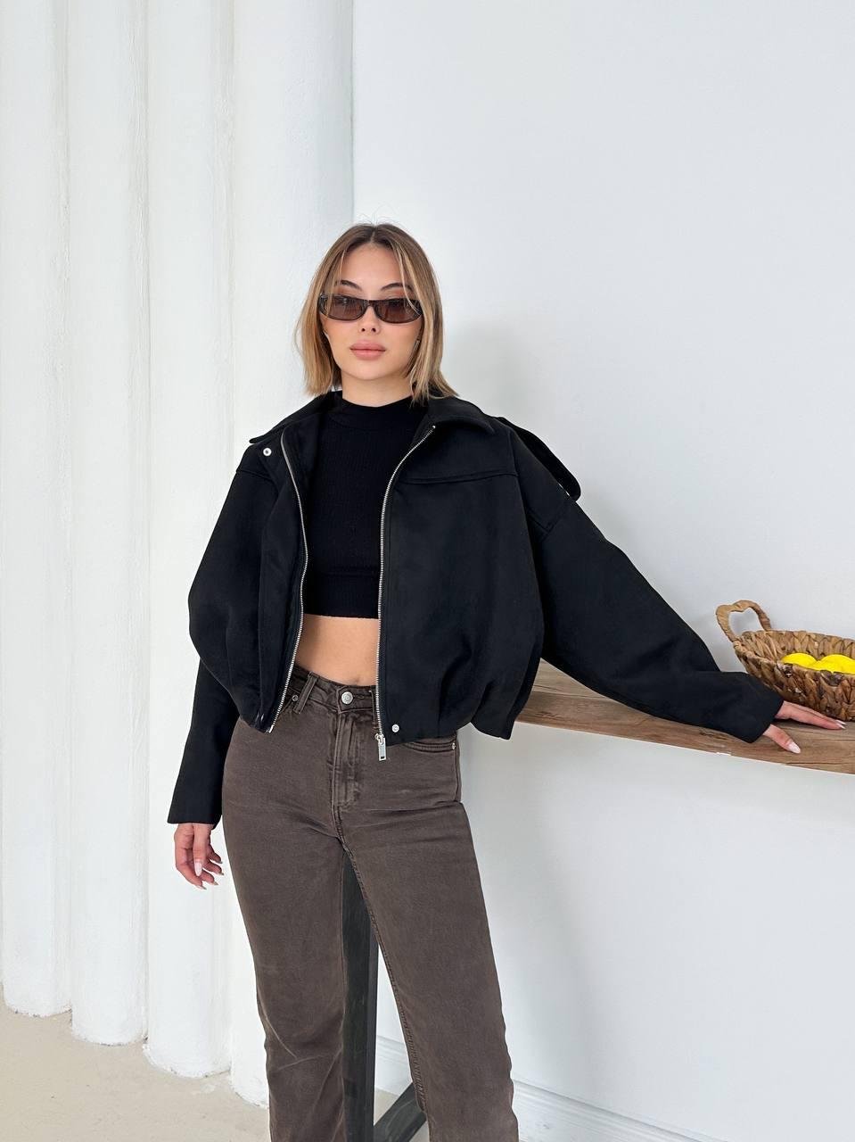 Siyah Oversize Süet Bomber Ceket