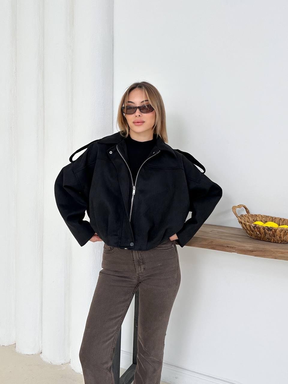 Siyah Oversize Süet Bomber Ceket