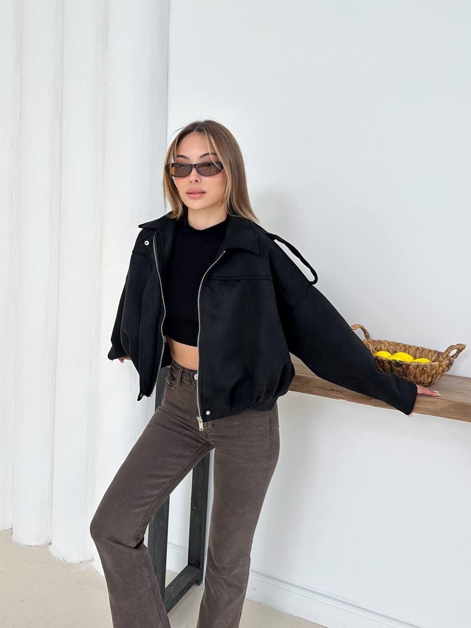 Siyah Oversize Süet Bomber Ceket