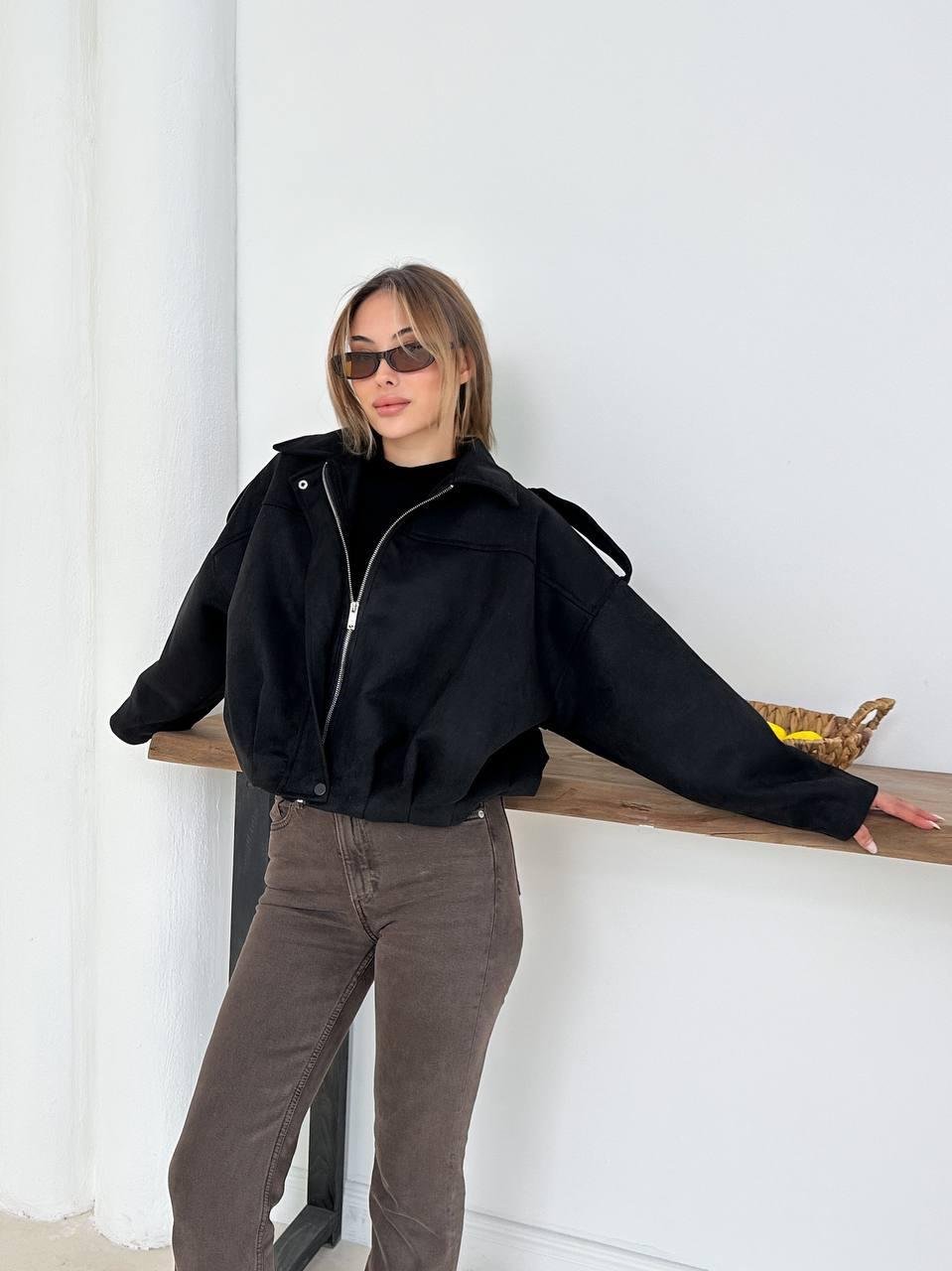 Siyah Oversize Süet Bomber Ceket