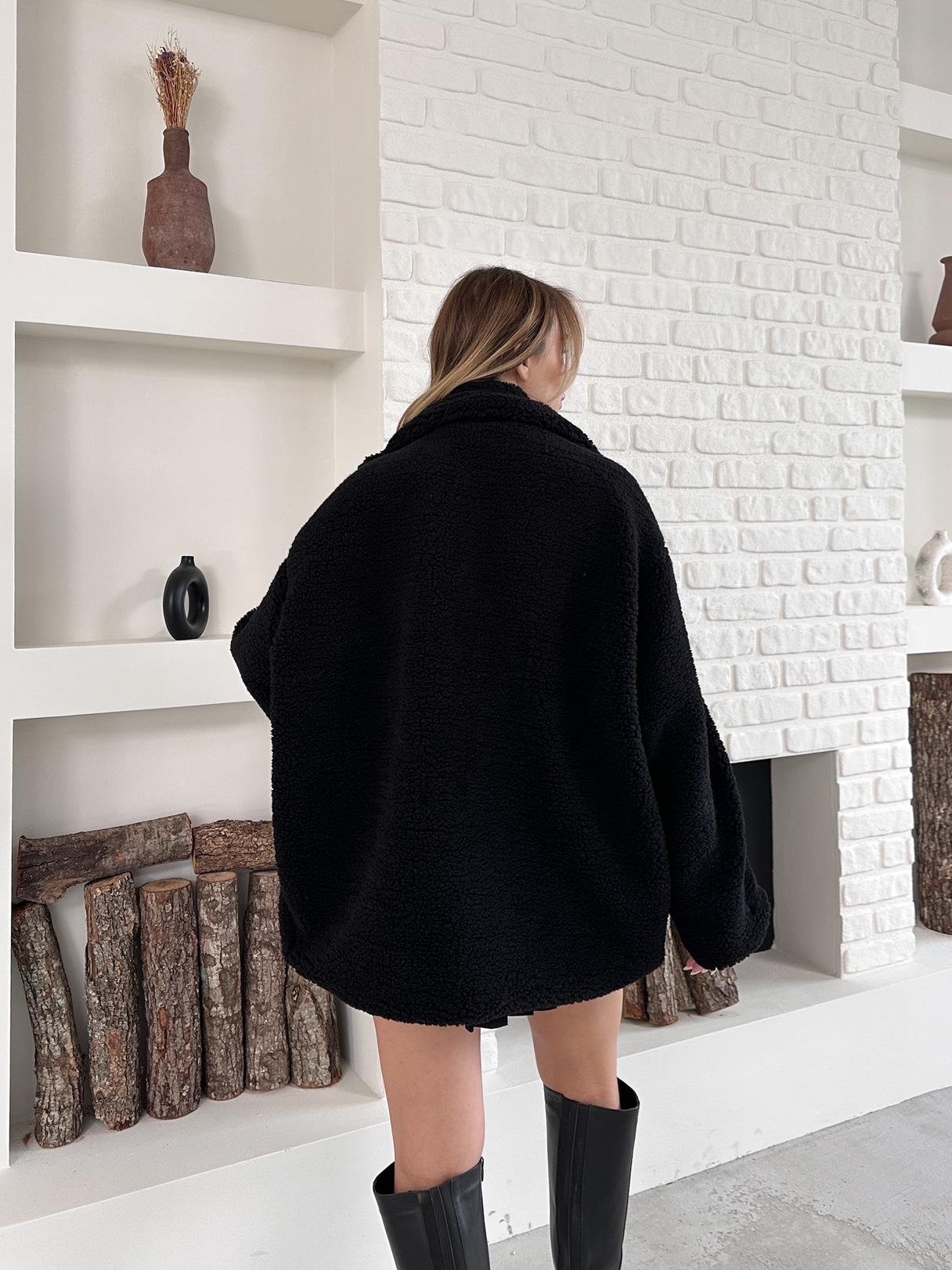Siyah Peluş Fermuarlı Oversize Biker Mont