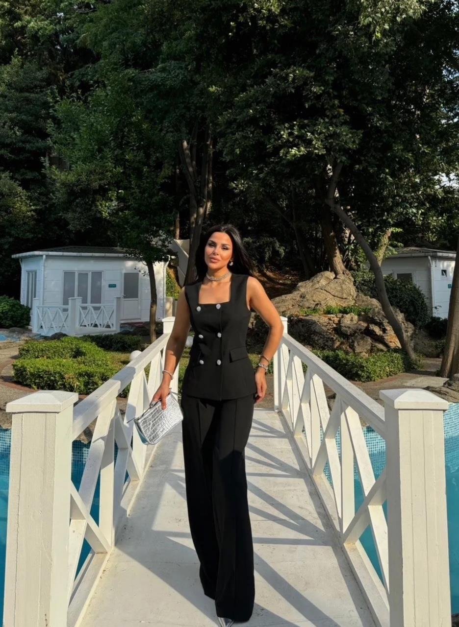 Siyah Taş Düğmeli Yelek Pantolon Blazer Takım