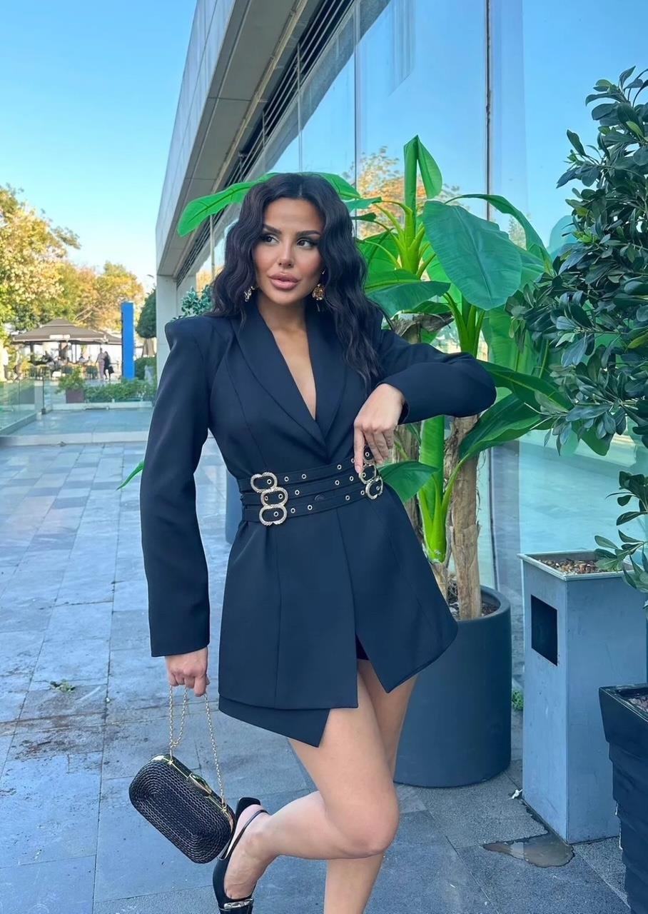 Siyah Üç Kemerli Blazer Ceket Elbise