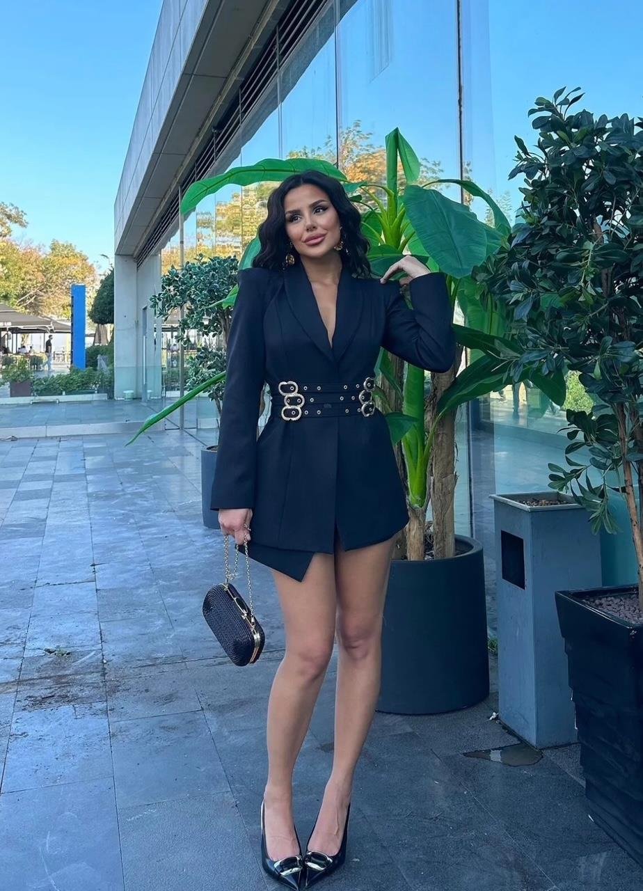 Siyah Üç Kemerli Blazer Ceket Elbise