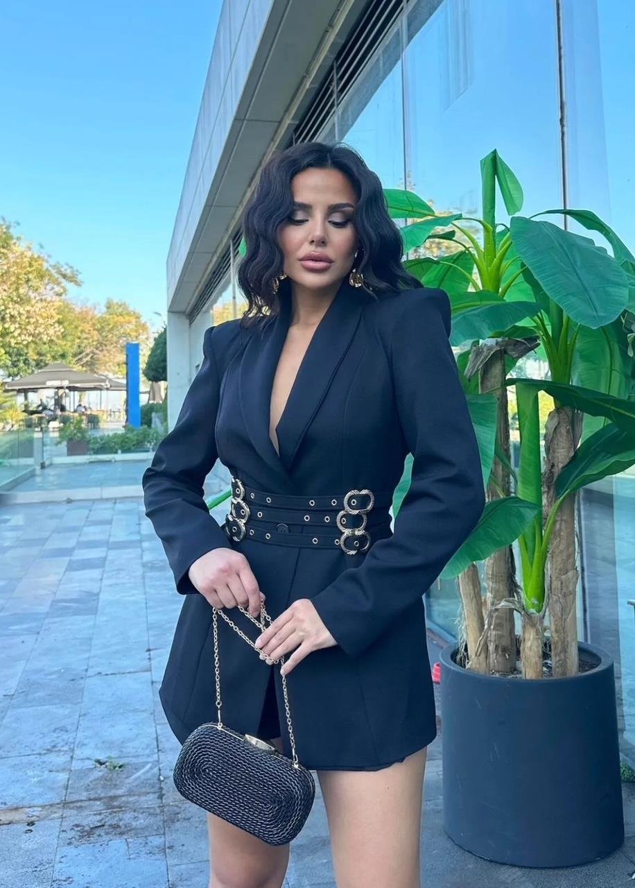 Siyah Üç Kemerli Blazer Ceket Elbise