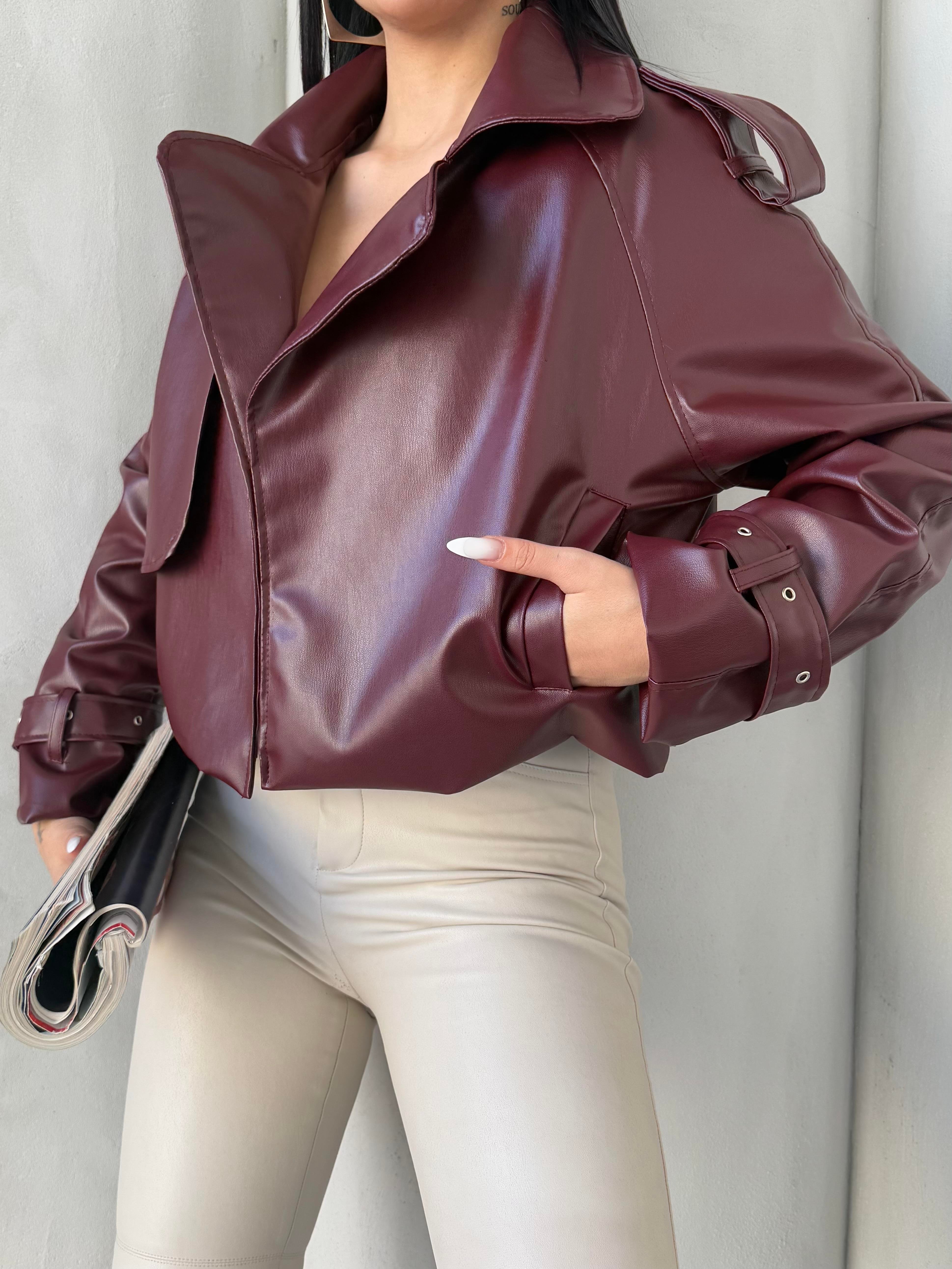 Vintage Bordo Deri Biker Ceket Bordo