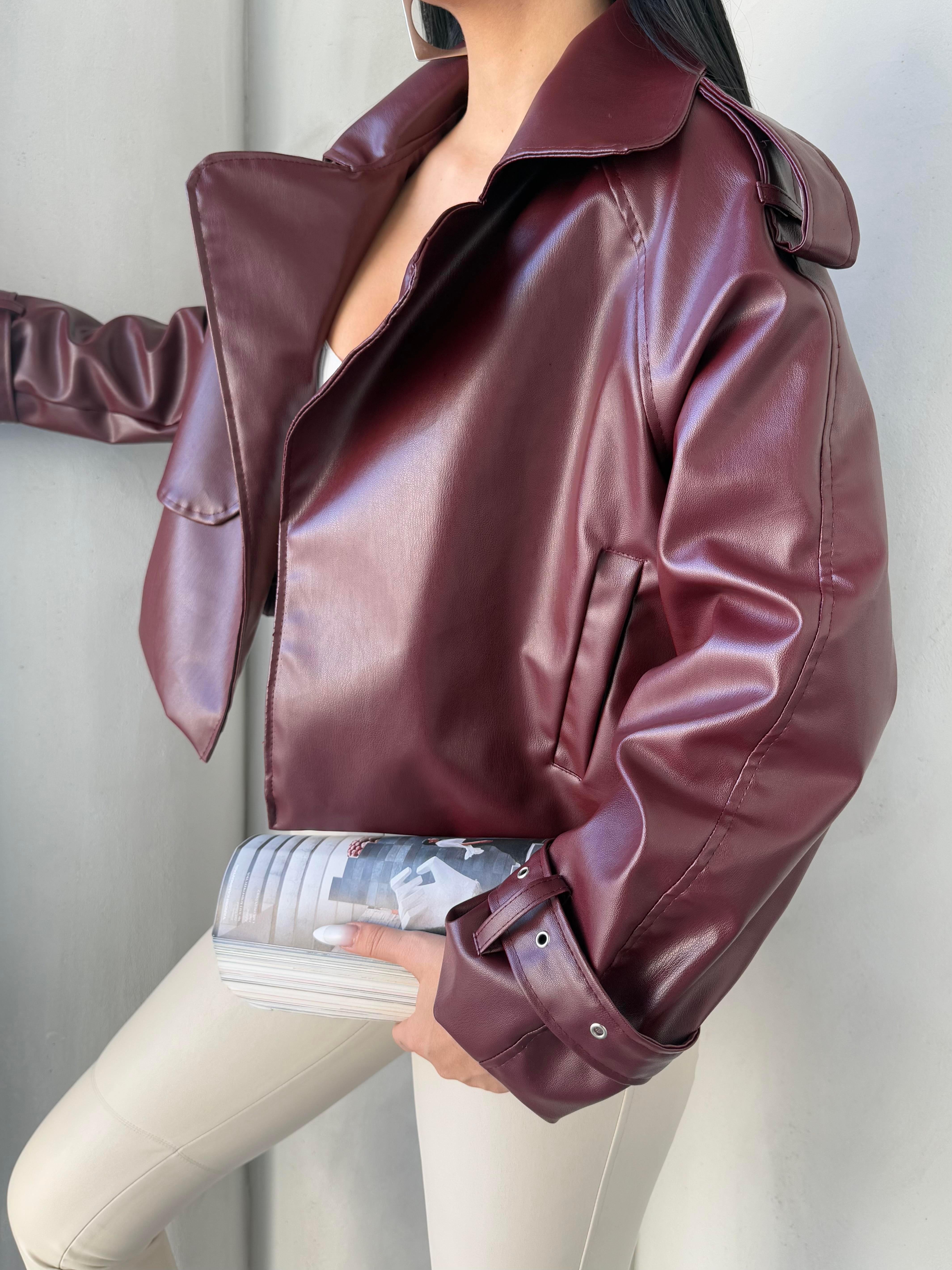 Vintage Bordo Deri Biker Ceket Bordo