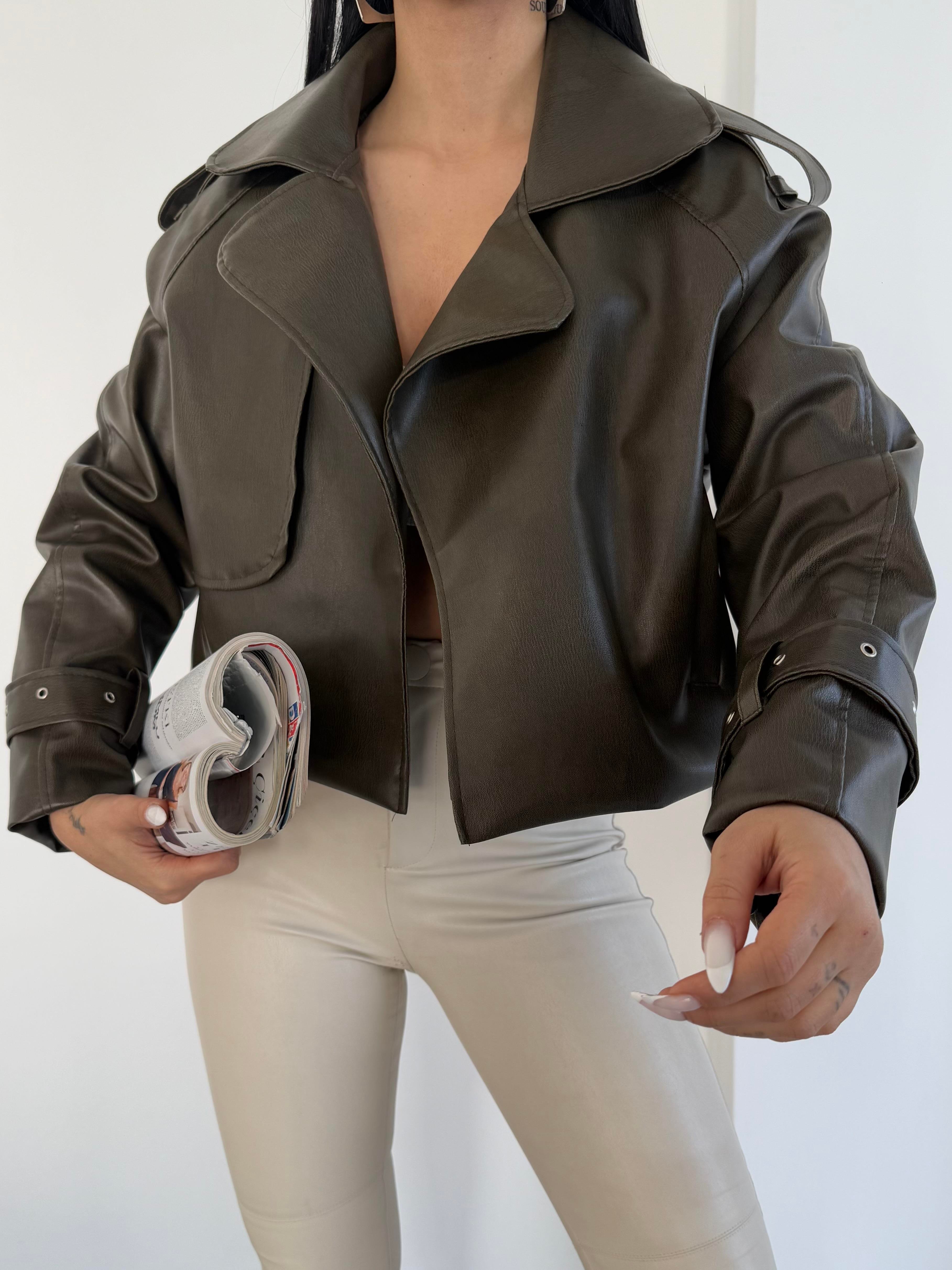 Vintage Haki Biker Deri Ceket 