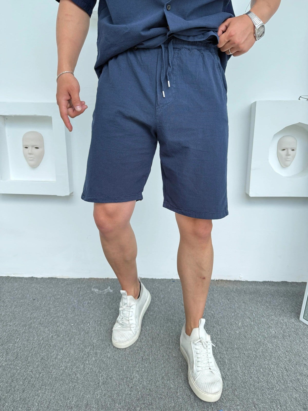 %100 KETEN ŞORT LACİVERT