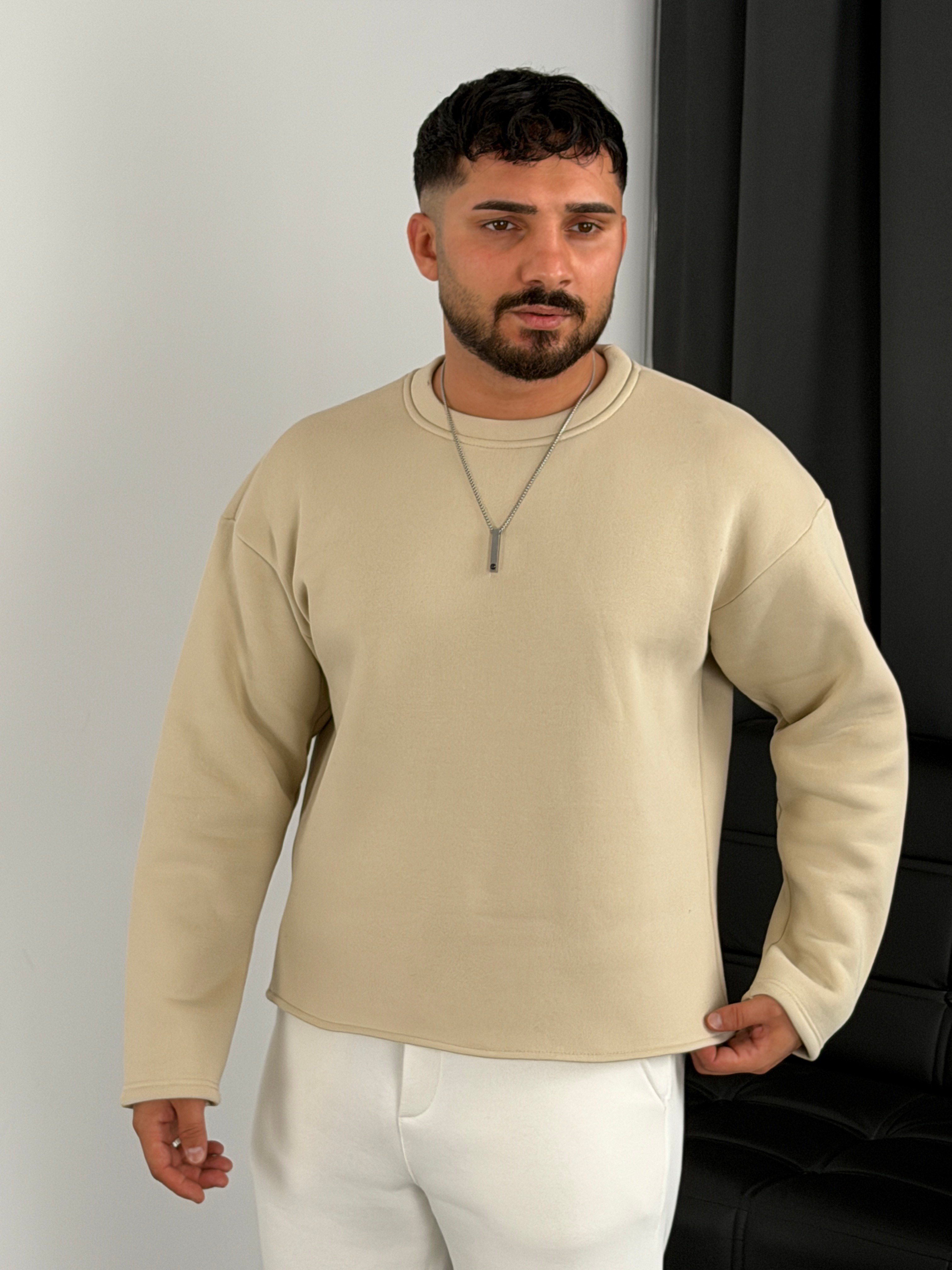 3 İplik Şardonlu Boxy Kalıp Sweatshirt Bej