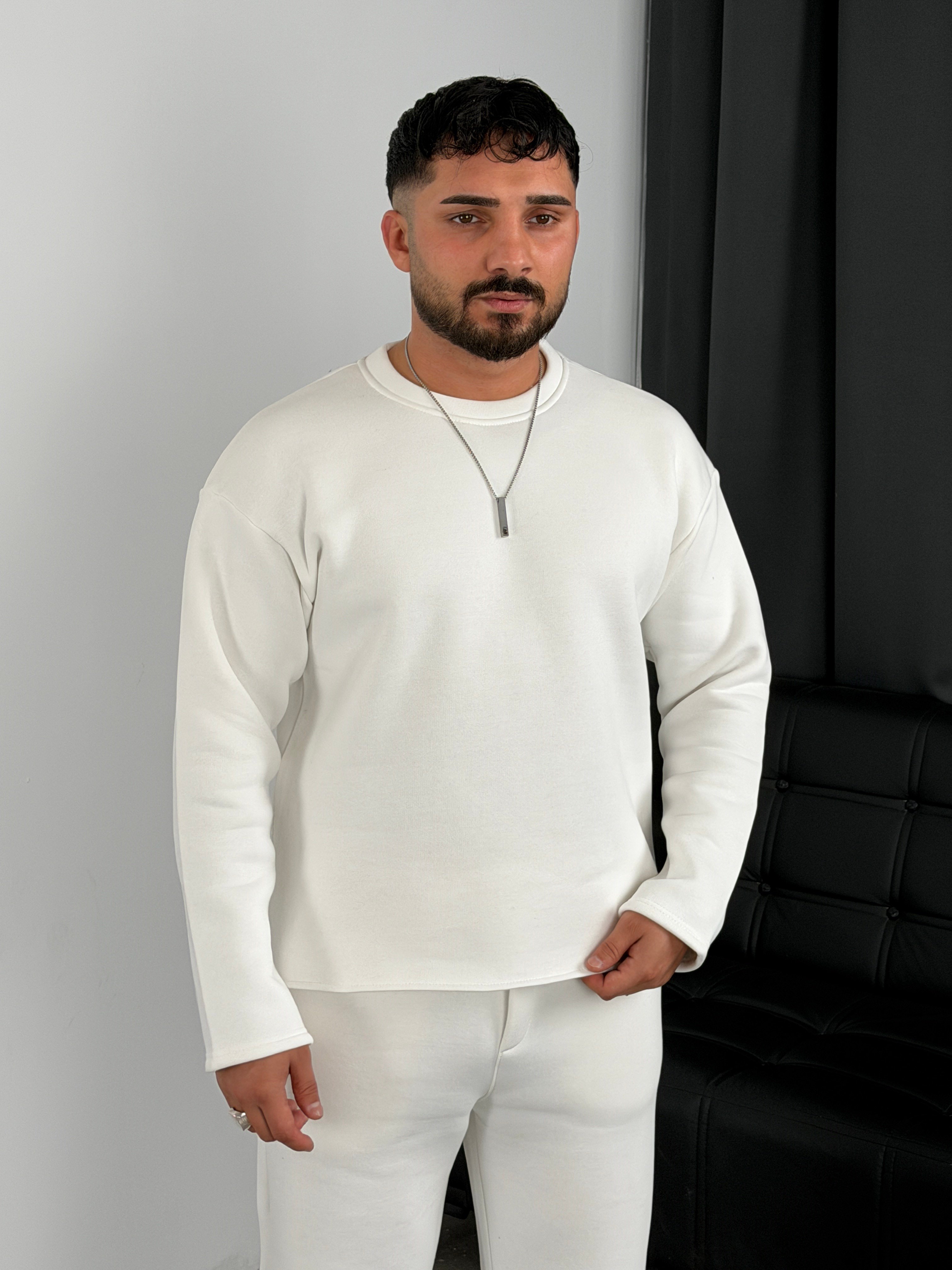 3 İplik Şardonlu Boxy Kalıp Sweatshirt Beyaz