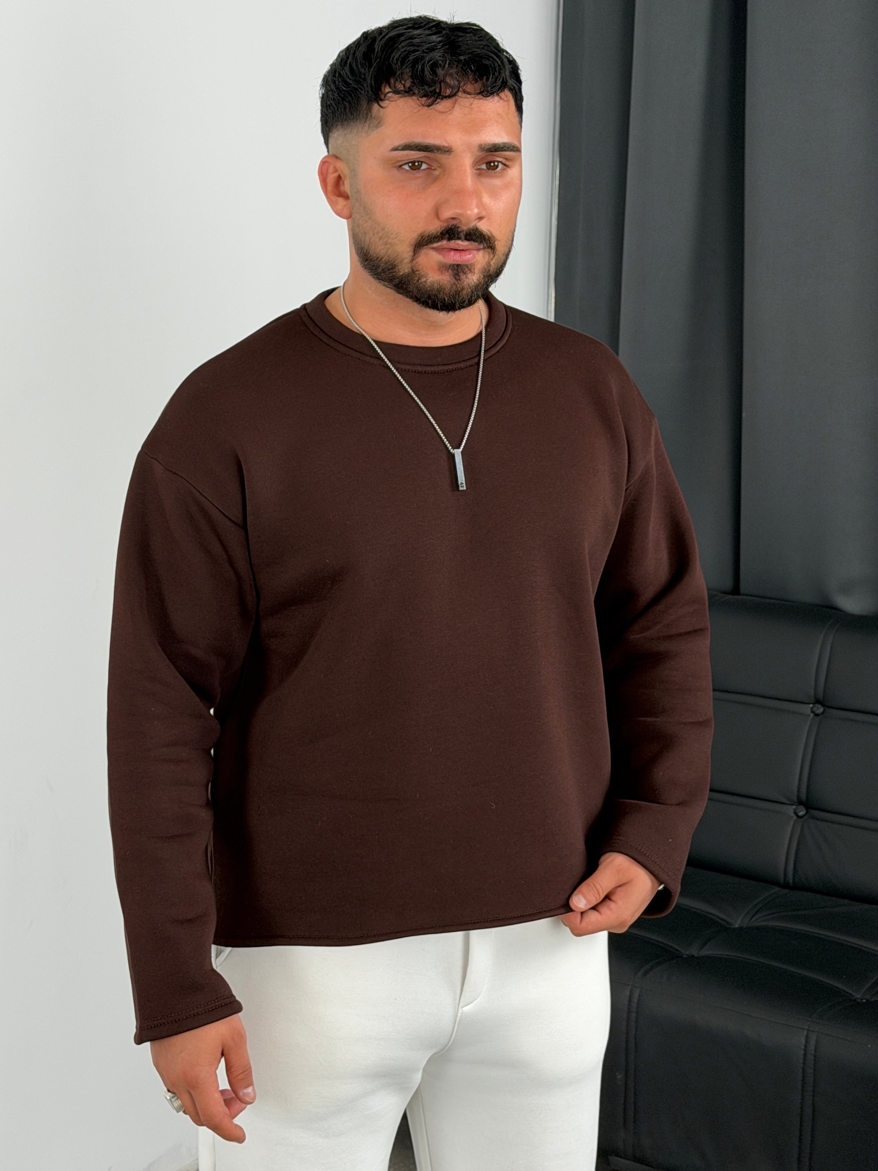 3 İplik Şardonlu Boxy Kalıp Sweatshirt Acı Kahve