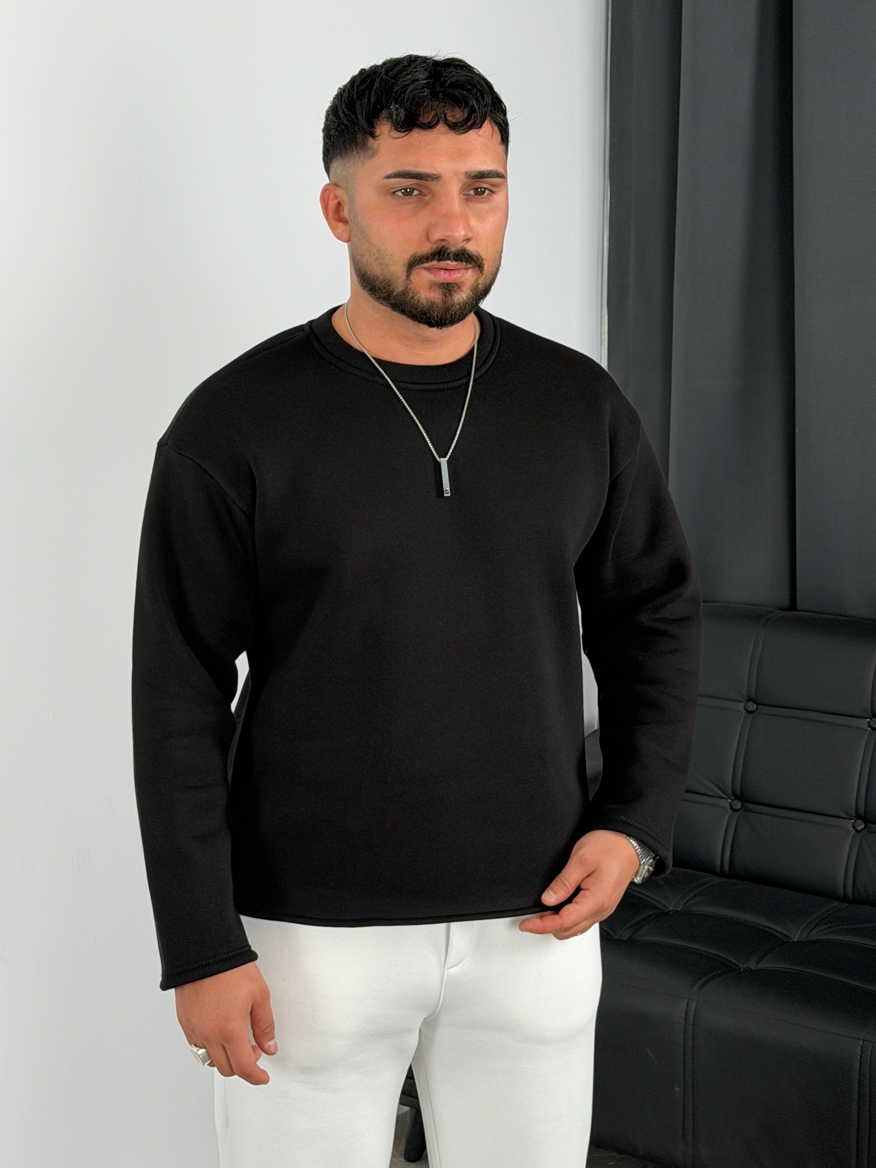 3 İplik Şardonlu Boxy Kalıp Sweatshirt Siyah