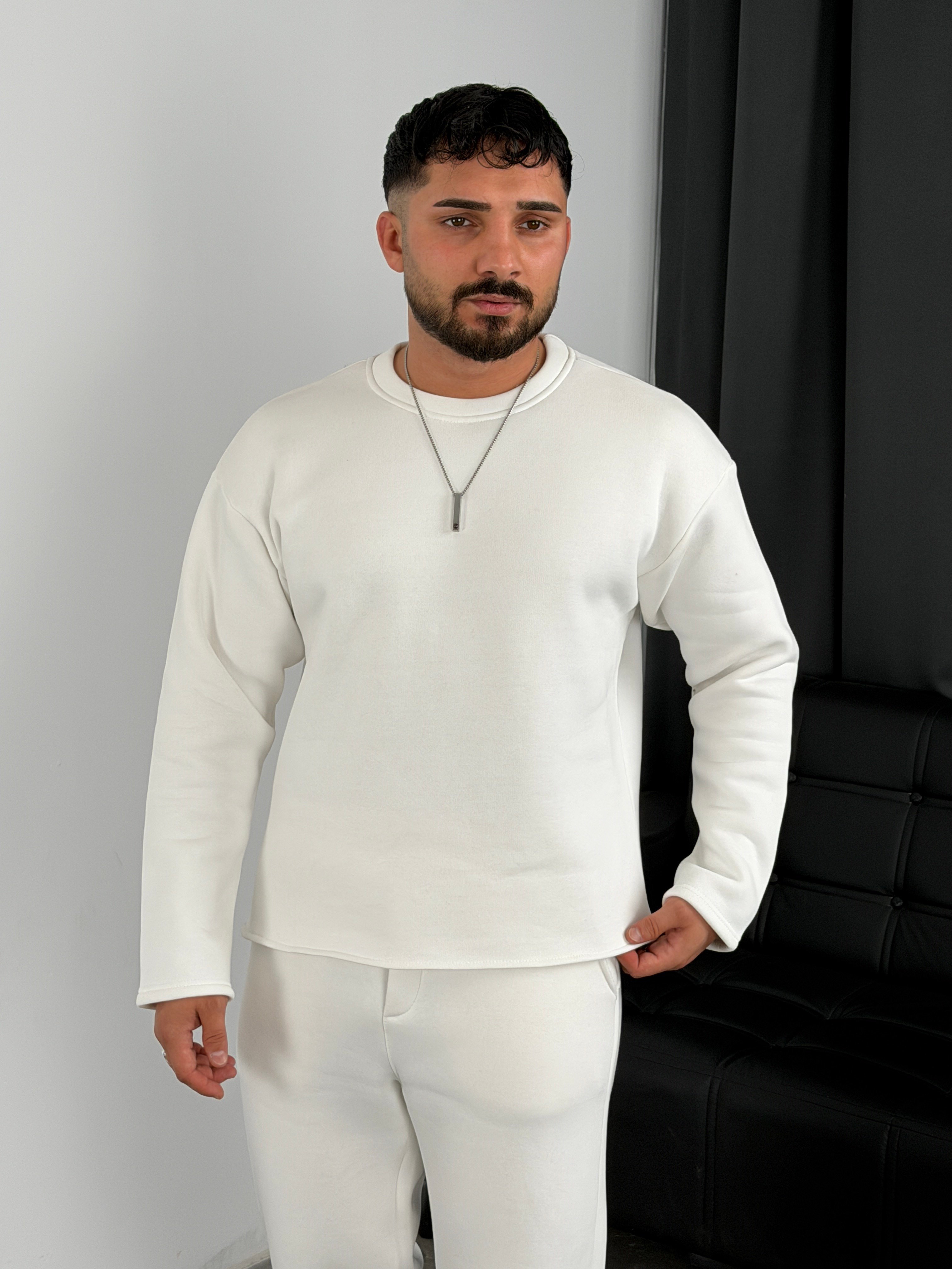 3 İplik Şardonlu Boxy Kalıp Sweatshirt Beyaz