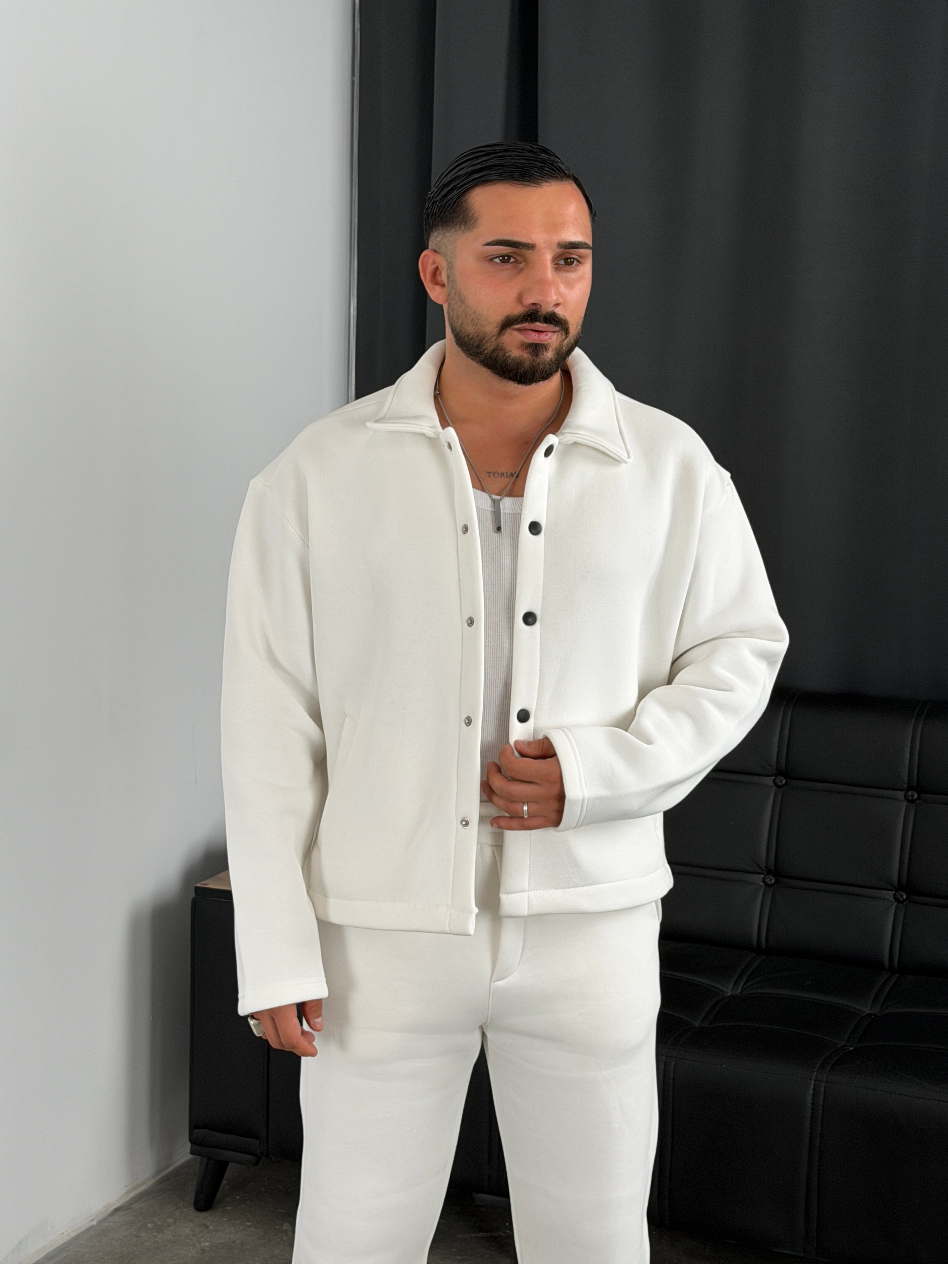 3 İplik Şardonlu Boxy Premium Ceket Beyaz