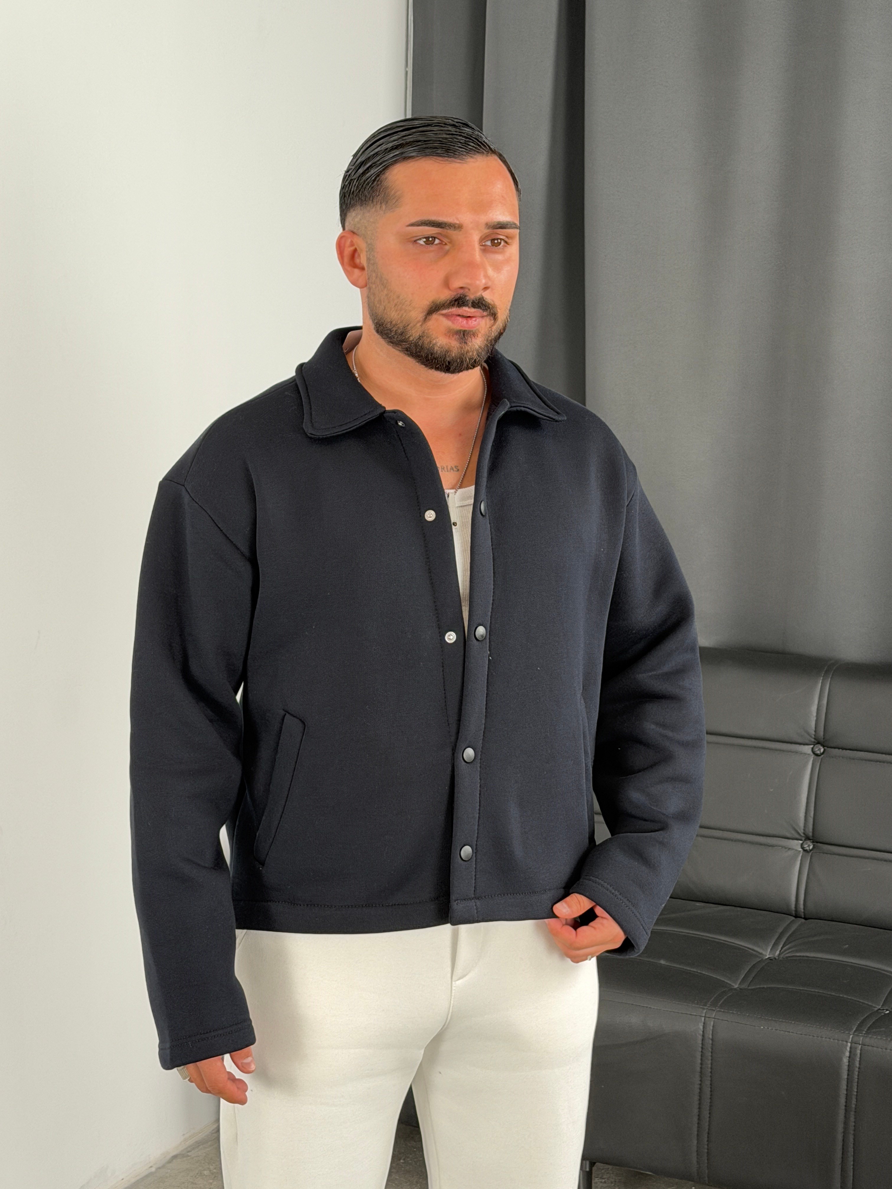 3 İplik Şardonlu Boxy Premium Ceket Lacivert