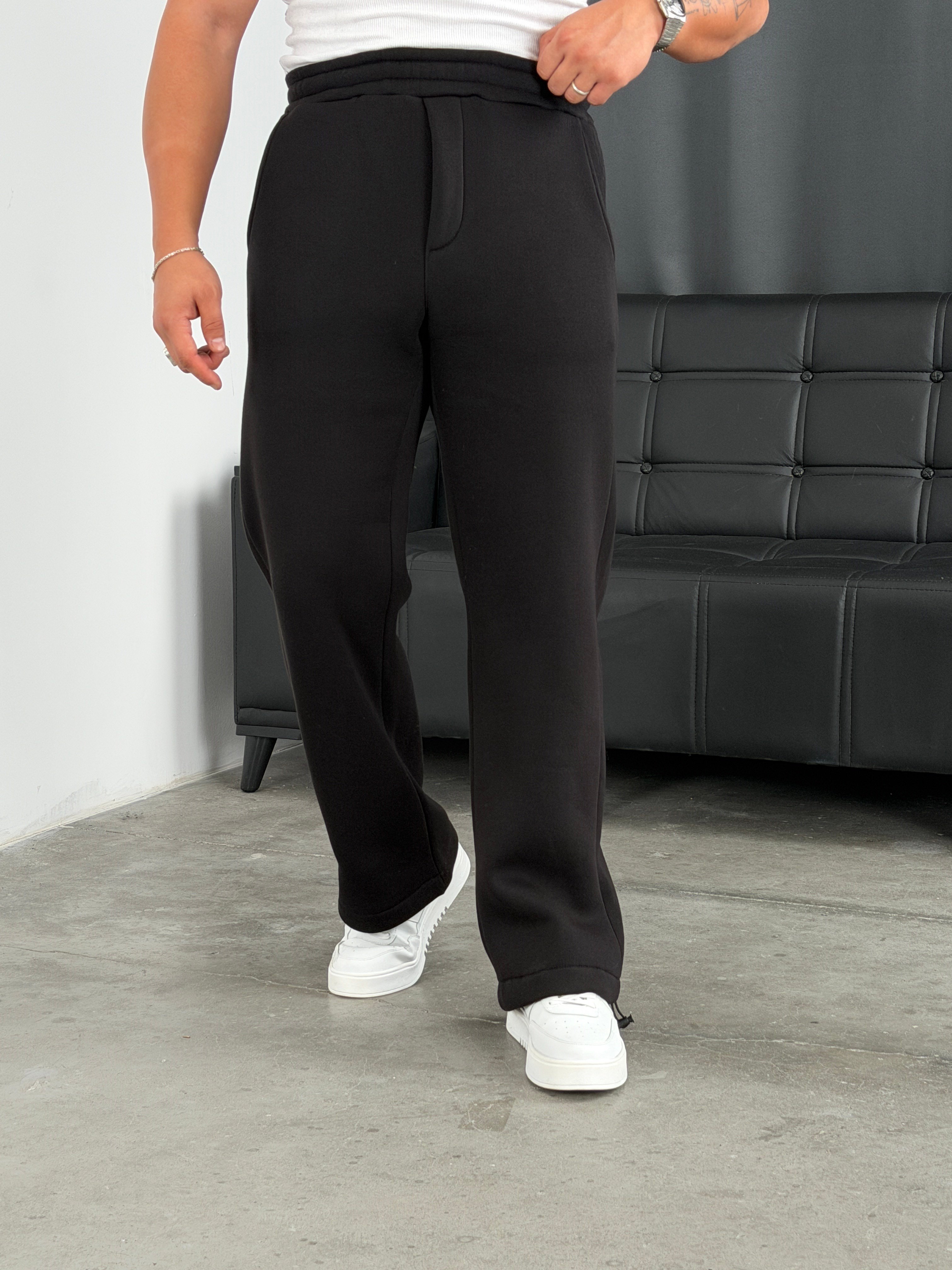 3 İplik Şardonlu Stoperli Baggy Pantolon Siyah