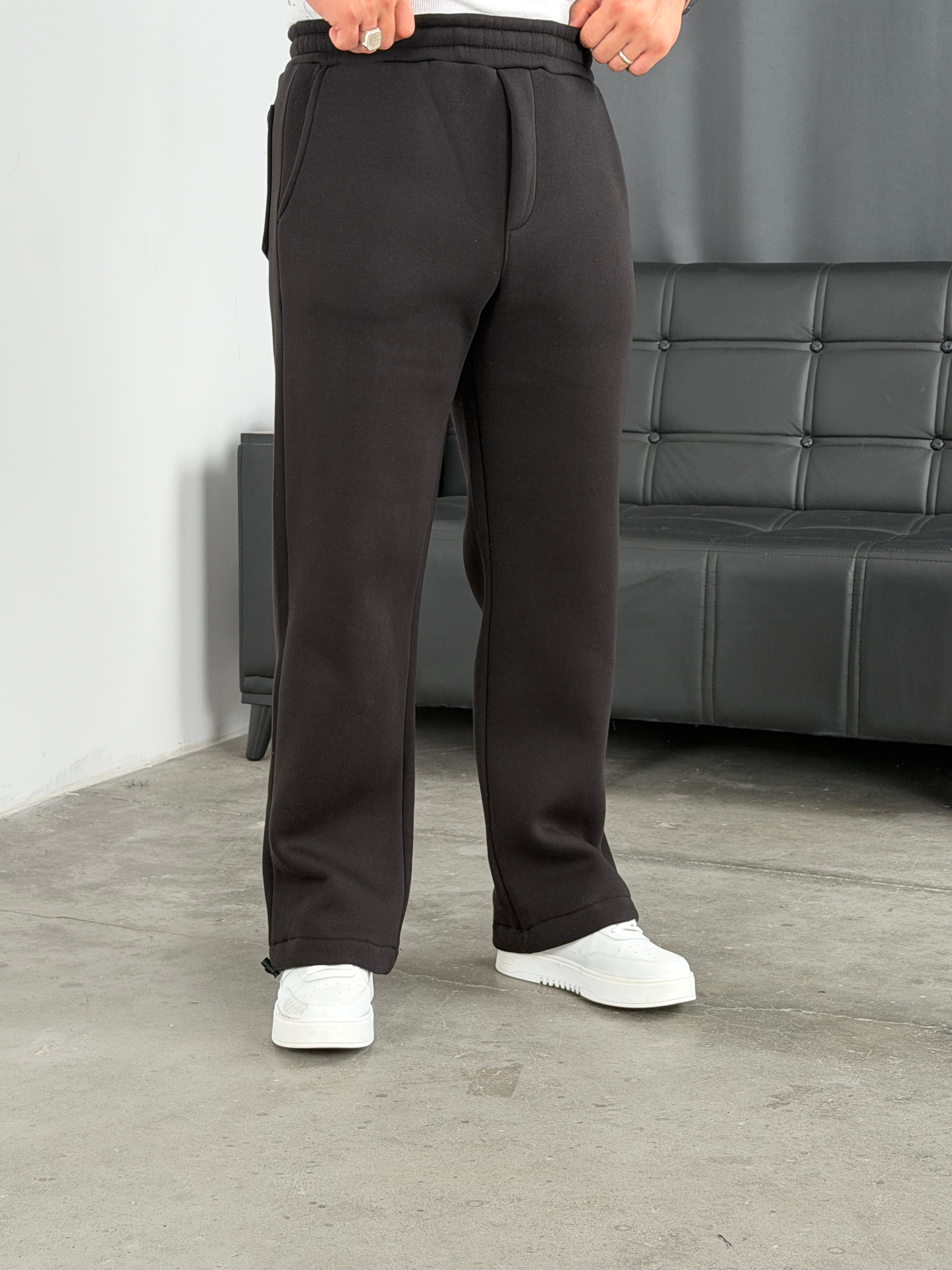 3 İplik Şardonlu Stoperli Baggy Pantolon Siyah