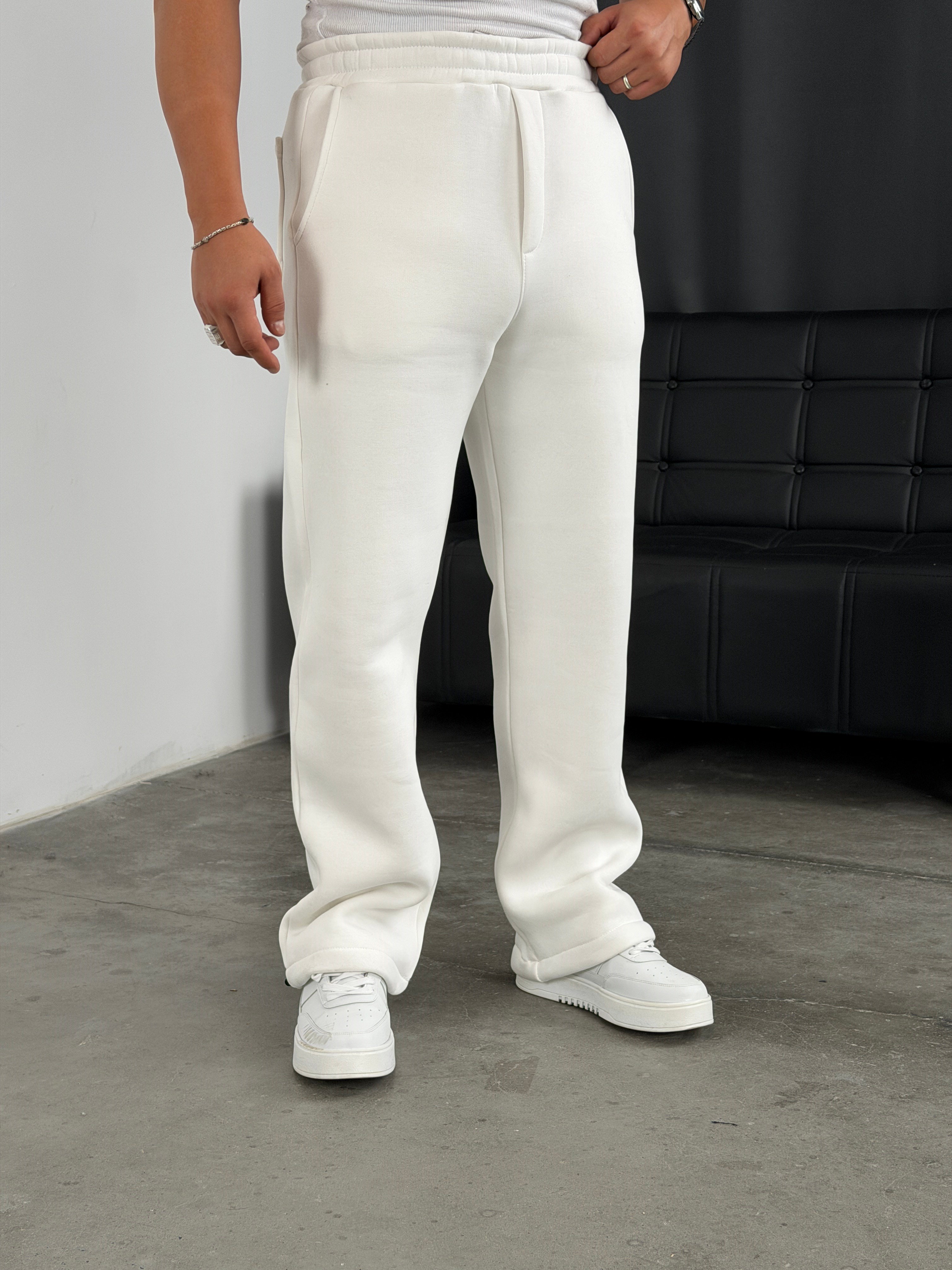 3 İplik Şardonlu Stoperli Baggy Pantolon Beyaz