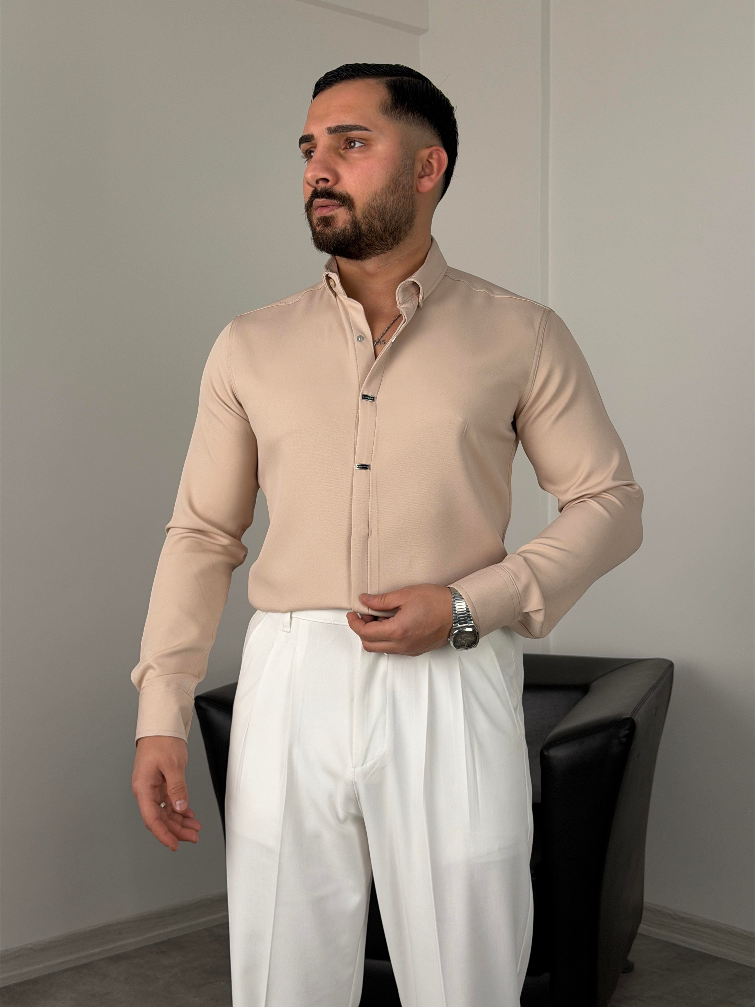 AKSESUARLI PREMİUM UZUNKOL GÖMLEK BEJ