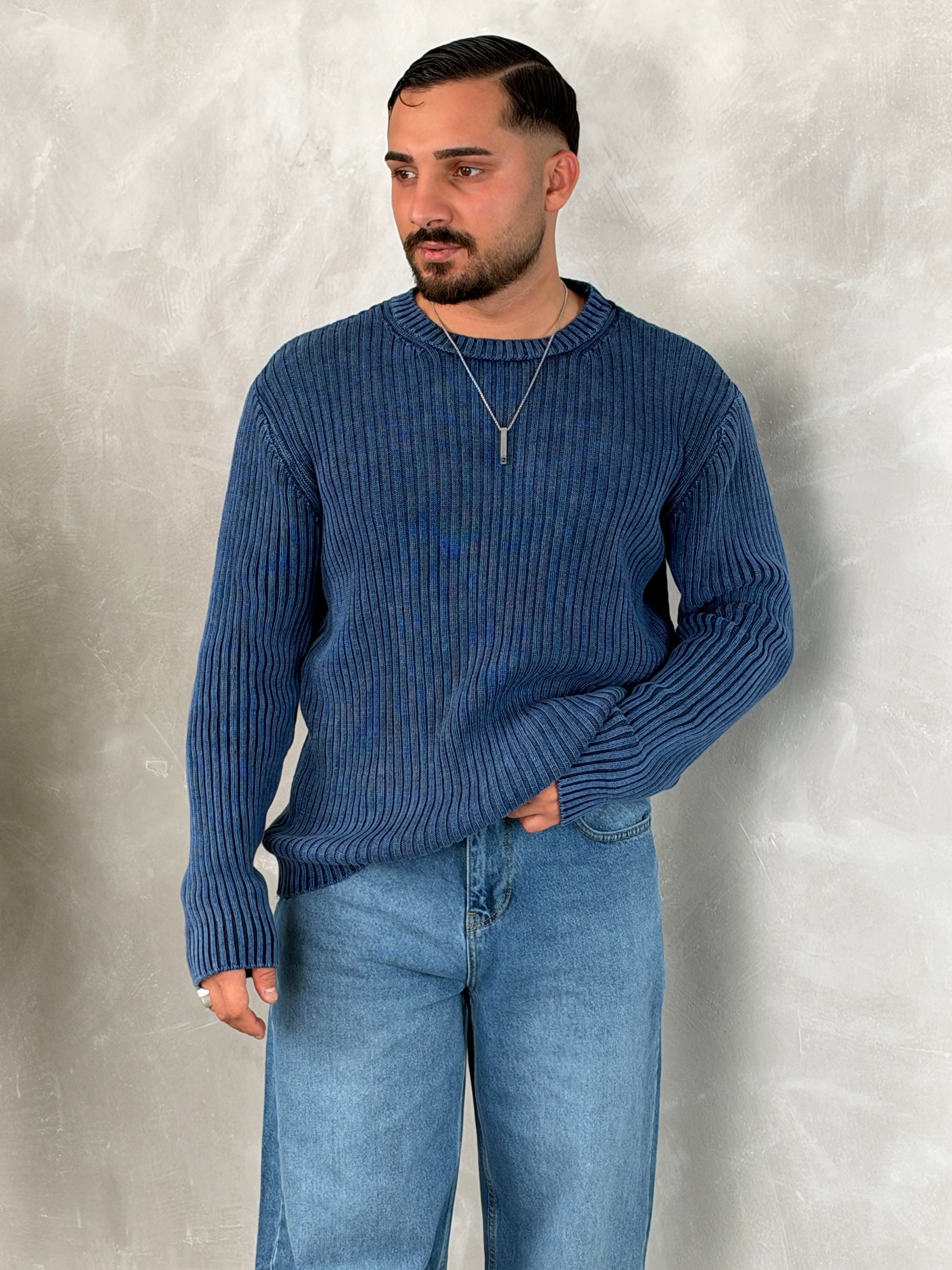 Asit Yıkama %100 Triko Bisiklet Yaka Sweatshirt Lacivert