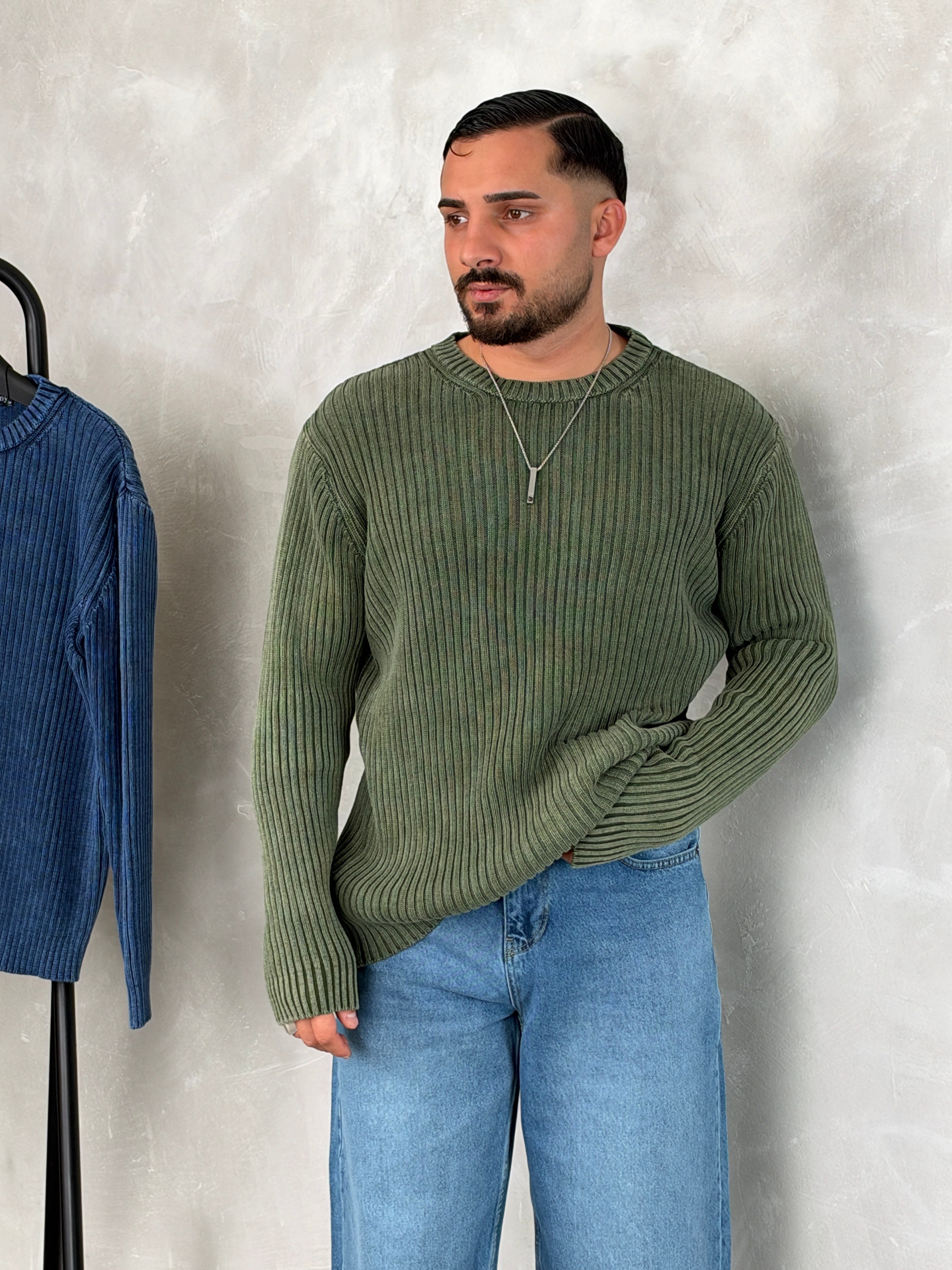 Asit Yıkama %100 Triko Bisiklet Yaka Sweatshirt Yeşil