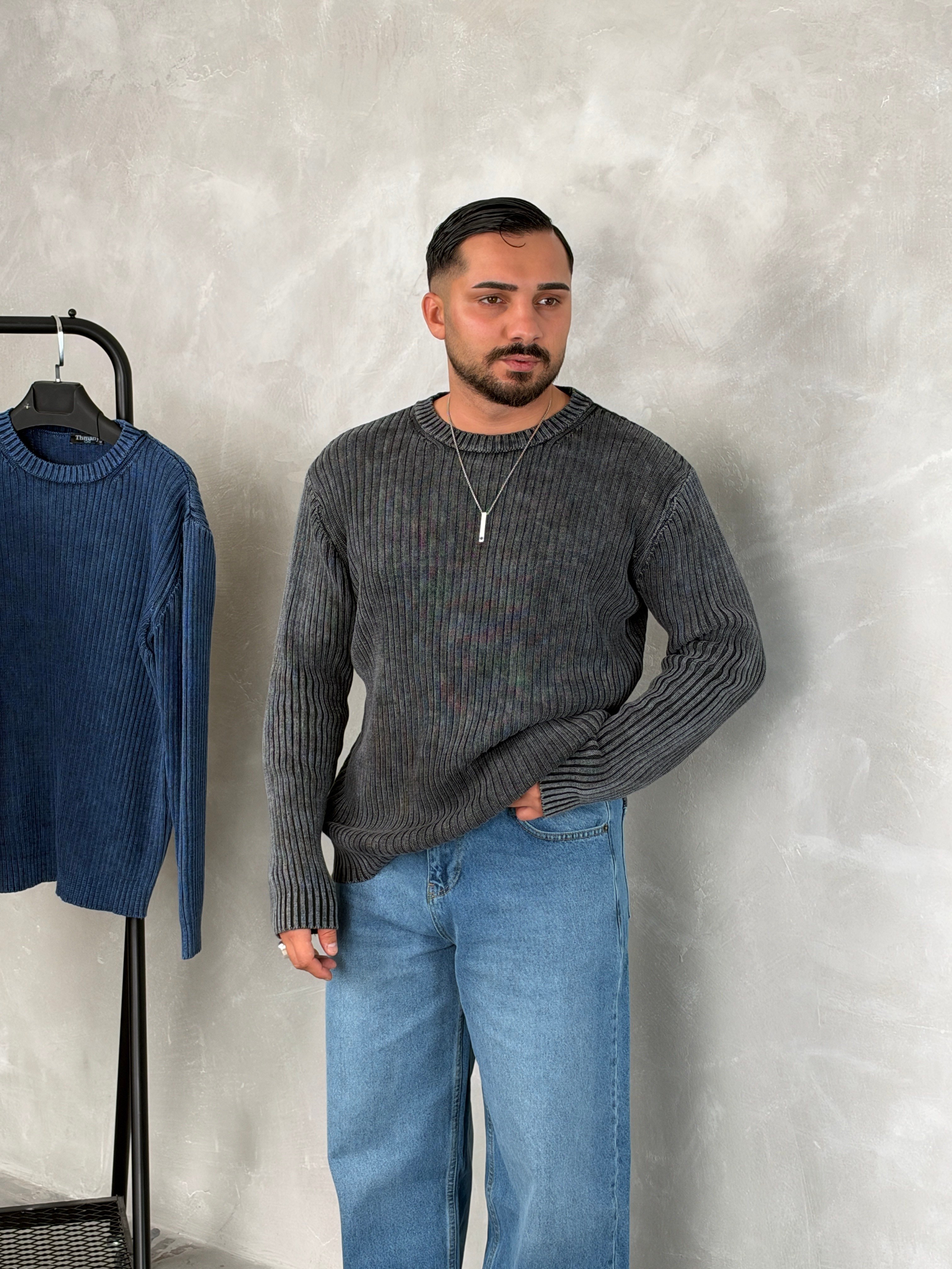 Asit Yıkama %100 Triko Bisiklet Yaka Sweatshirt Siyah