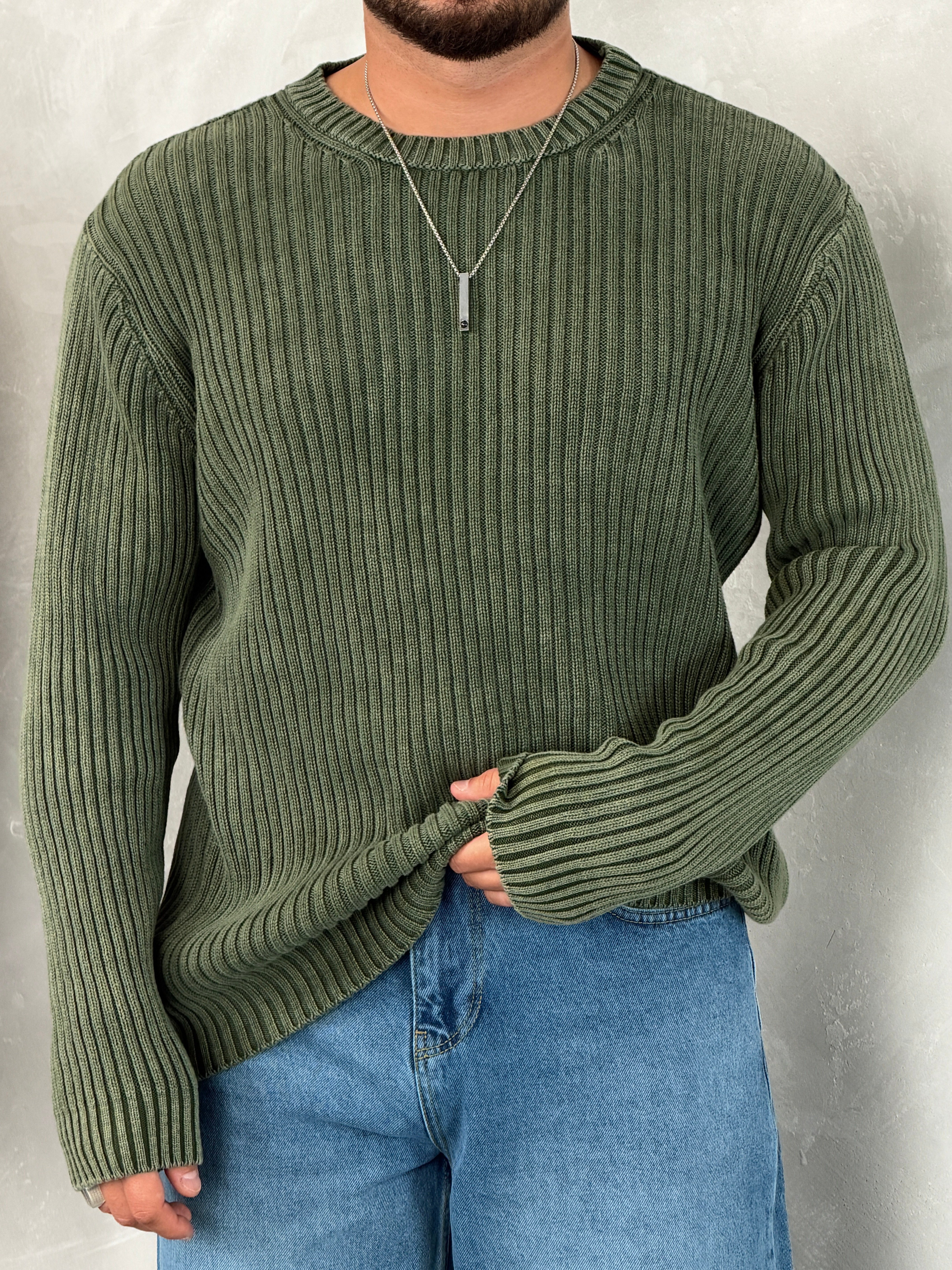 Asit Yıkama %100 Triko Bisiklet Yaka Sweatshirt Yeşil