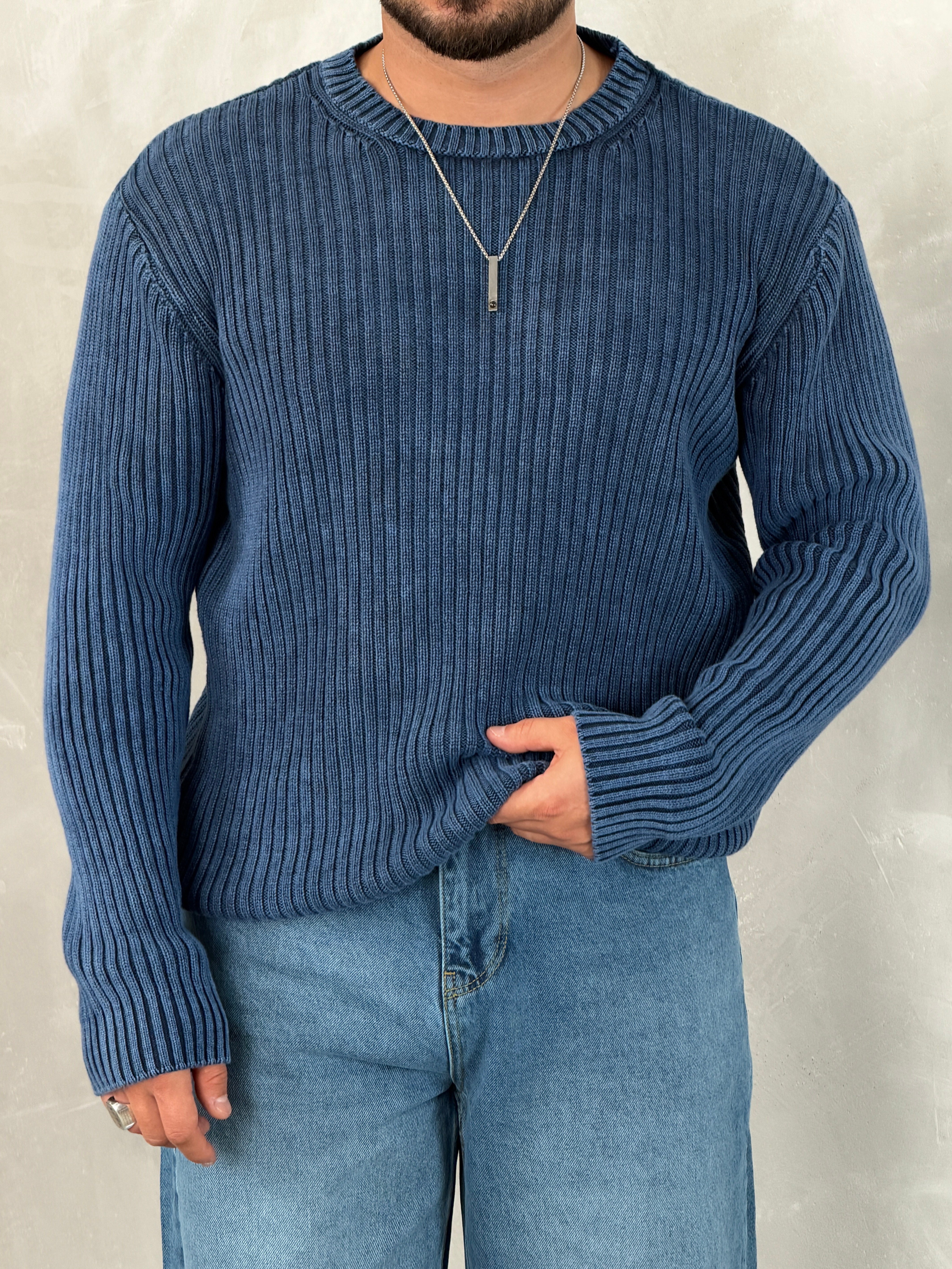 Asit Yıkama %100 Triko Bisiklet Yaka Sweatshirt Lacivert