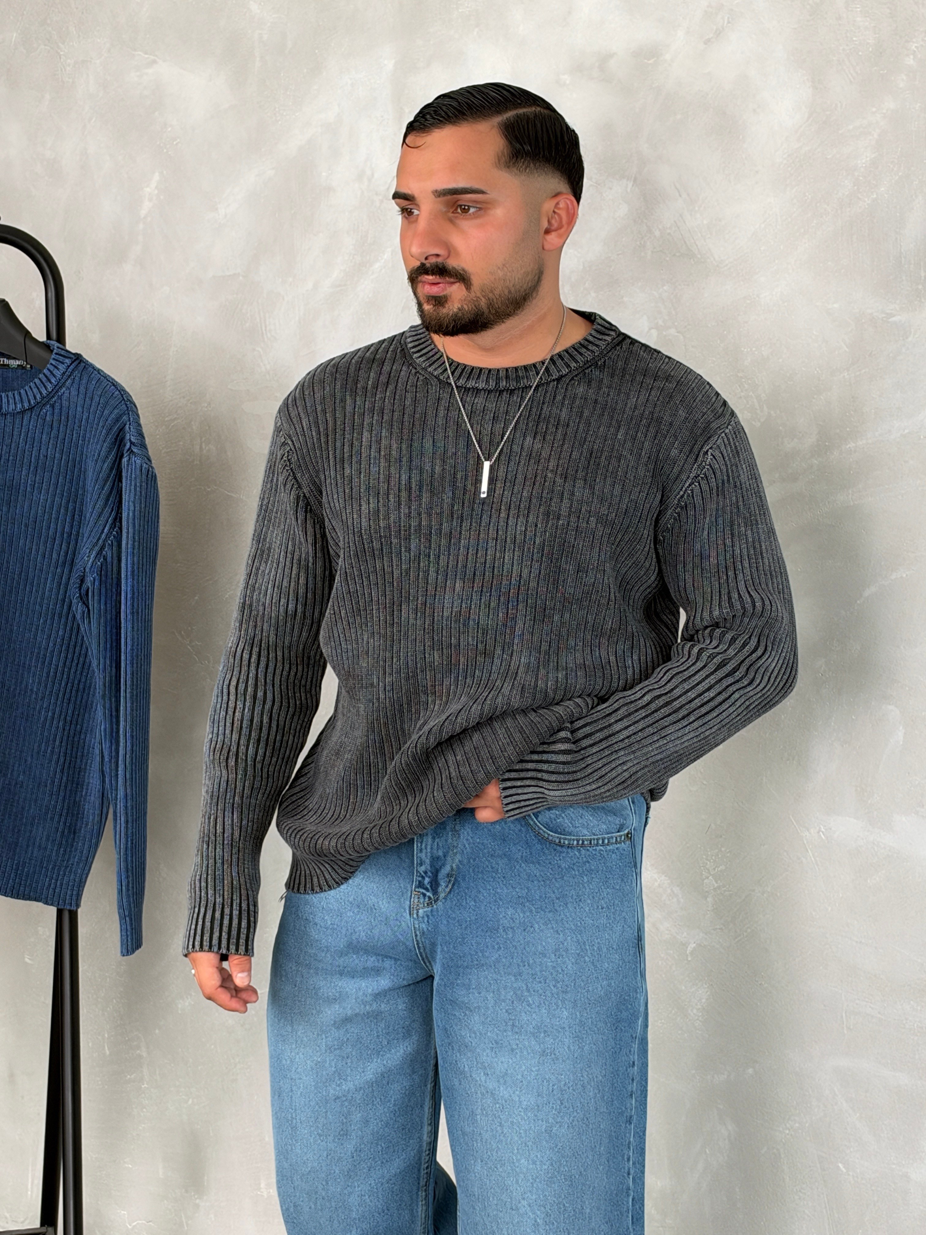 Asit Yıkama %100 Triko Bisiklet Yaka Sweatshirt Siyah