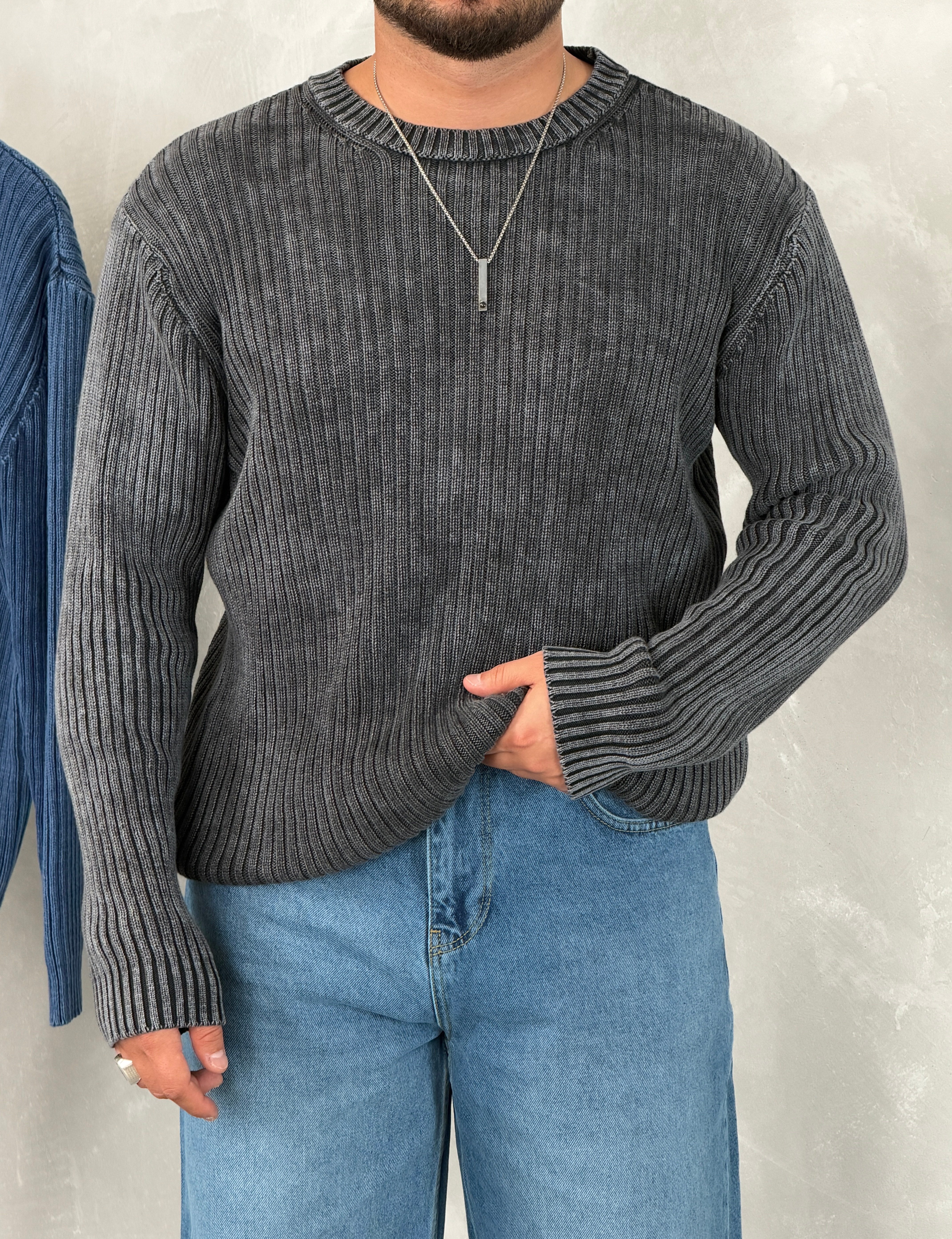 Asit Yıkama %100 Triko Bisiklet Yaka Sweatshirt Siyah