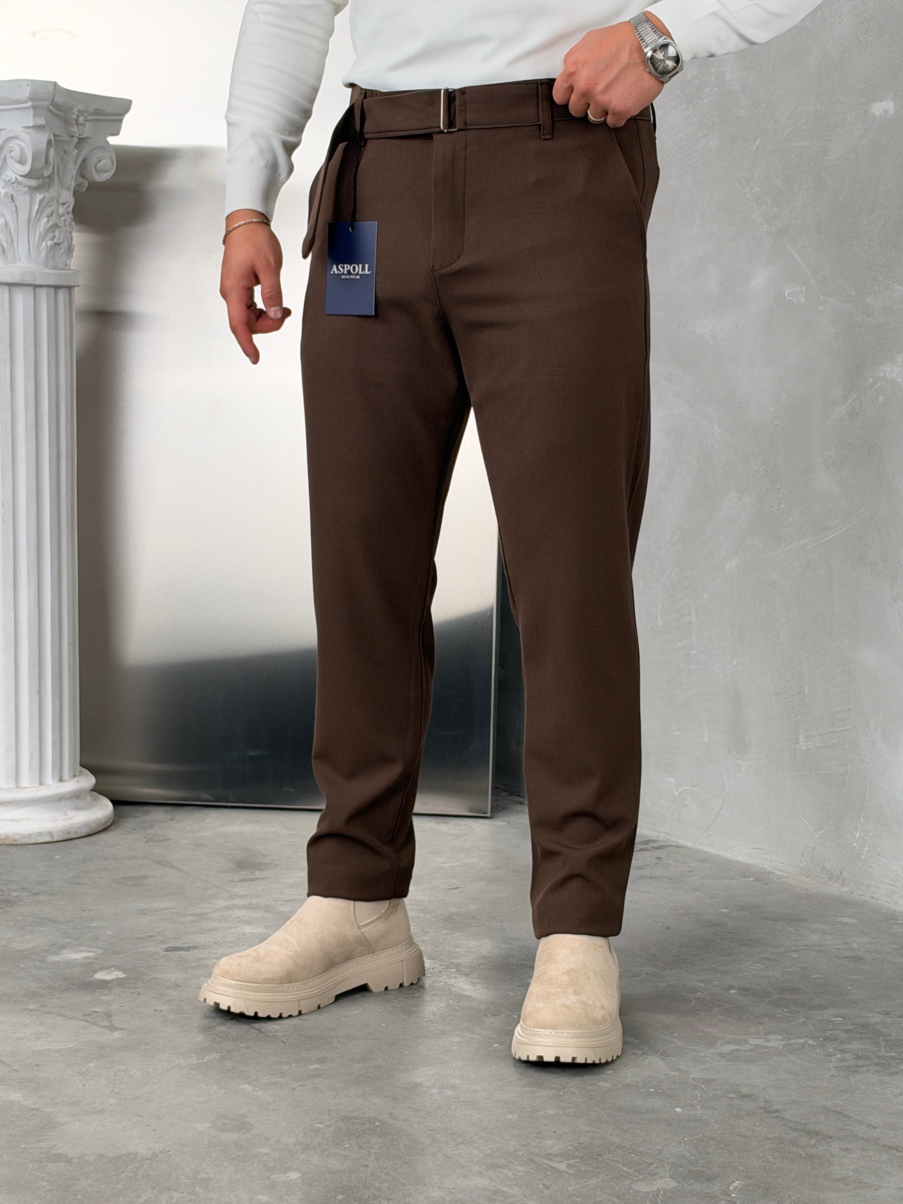 Asp Kendinden Kemerli Premium Duble Paça Kumaş Pantolon Acı Kahve