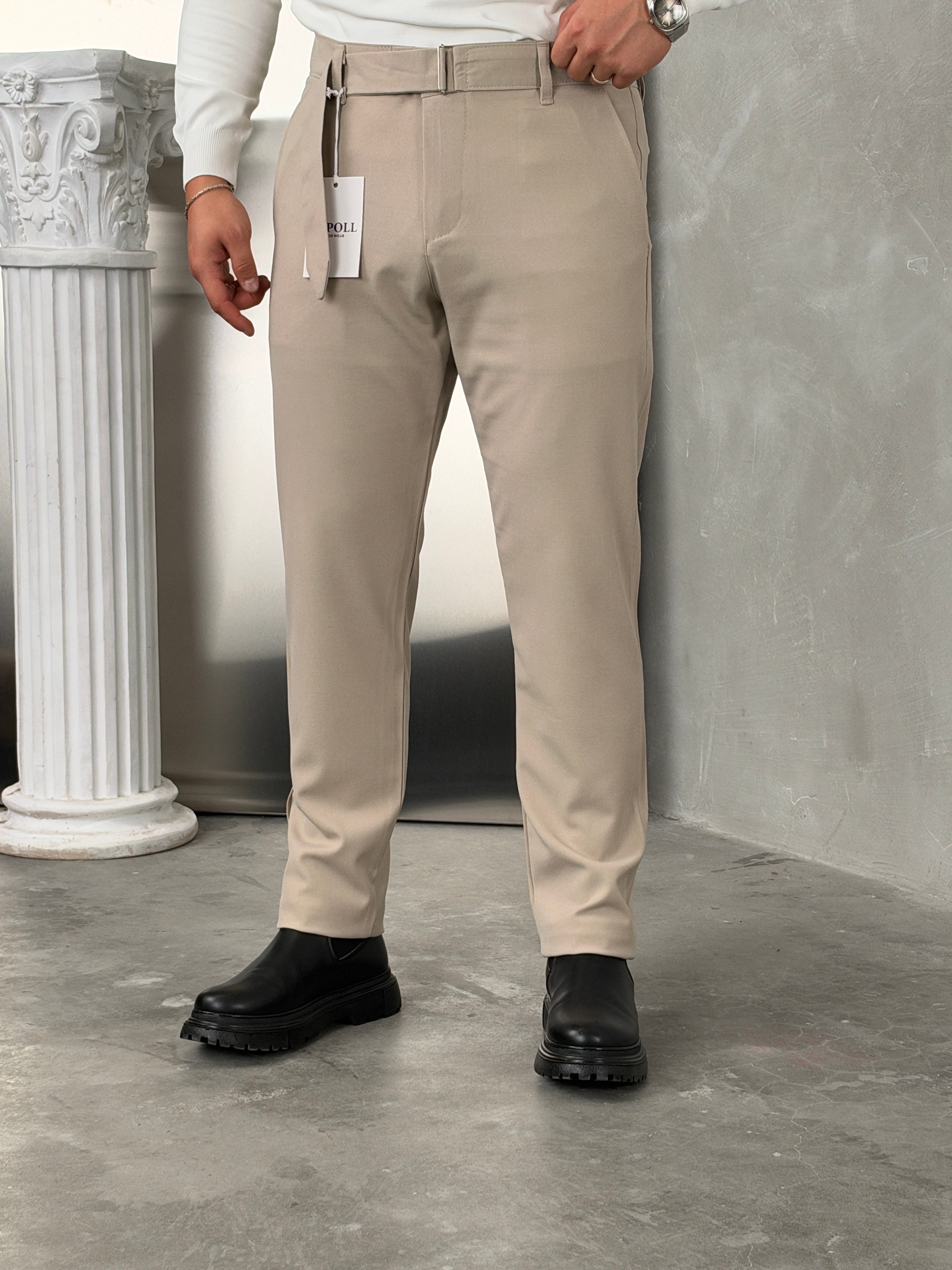 Asp Kendinden Kemerli Premium Duble Paça Kumaş Pantolon Bej