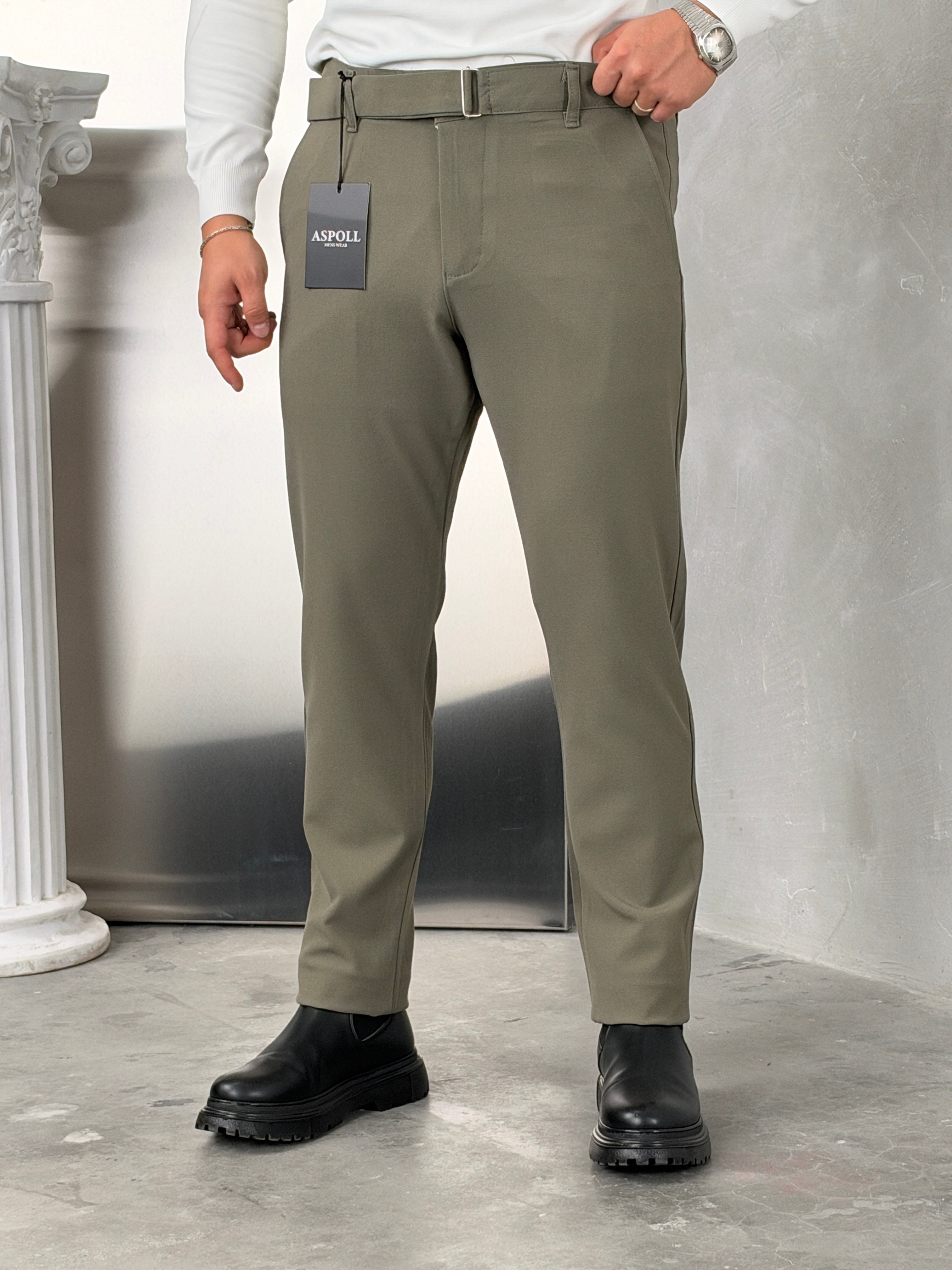 Asp Kendinden Kemerli Premium Duble Paça Kumaş Pantolon Çağla Yeşili