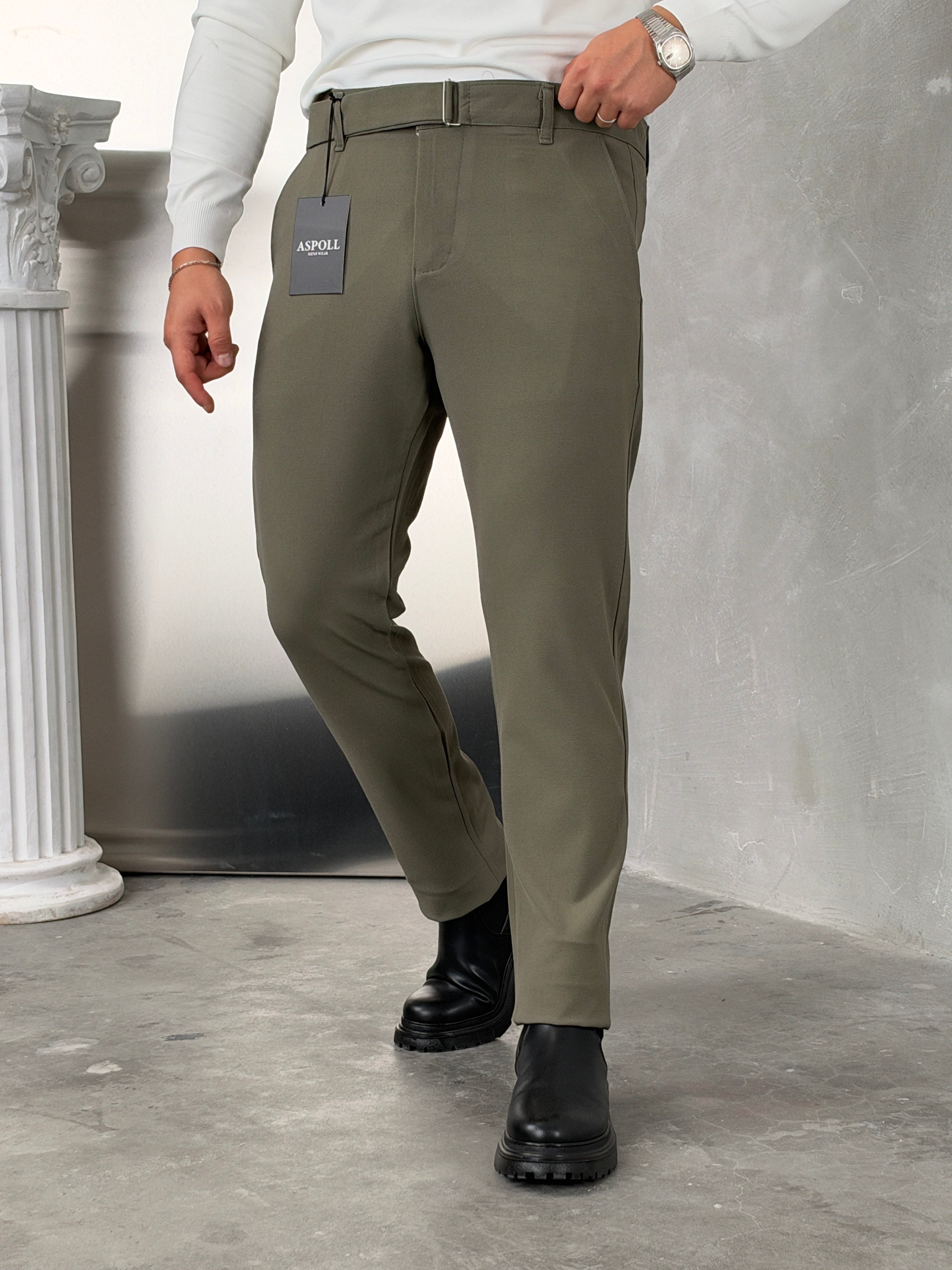 Asp Kendinden Kemerli Premium Duble Paça Kumaş Pantolon Çağla Yeşili