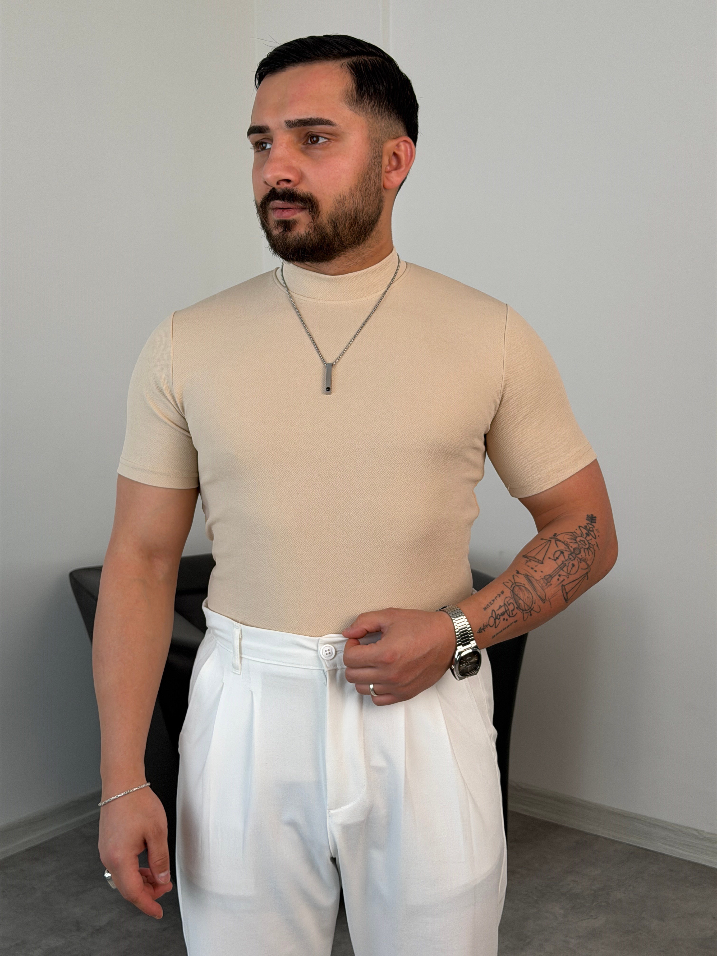 BALIKÇI YAKA KREP ÖRME TİŞÖRT BEJ