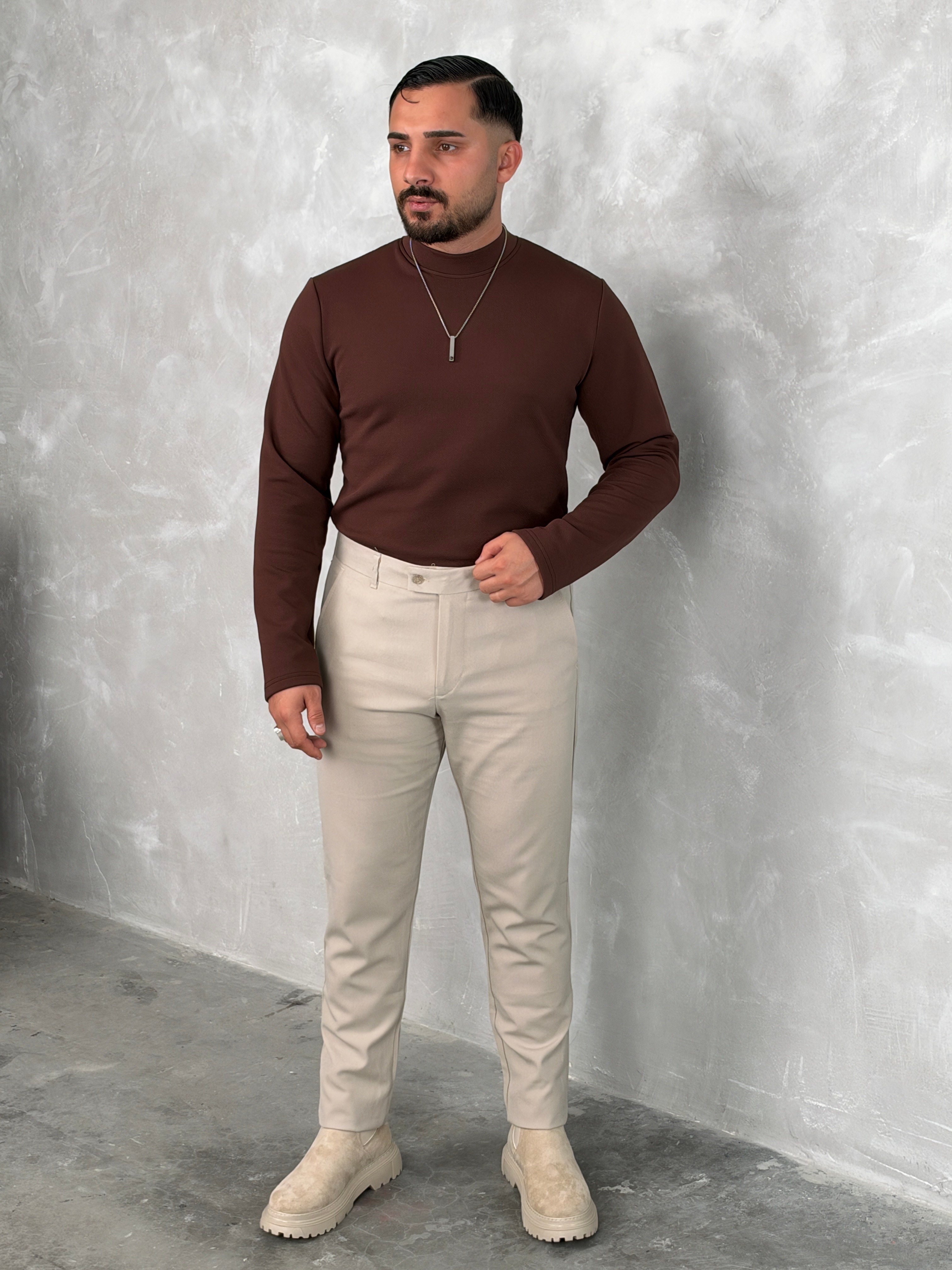 BASIC KIŞLIK DATE KOMBİNİ – 01 Kahverengi Sweatshirt & Krem Pantolon
