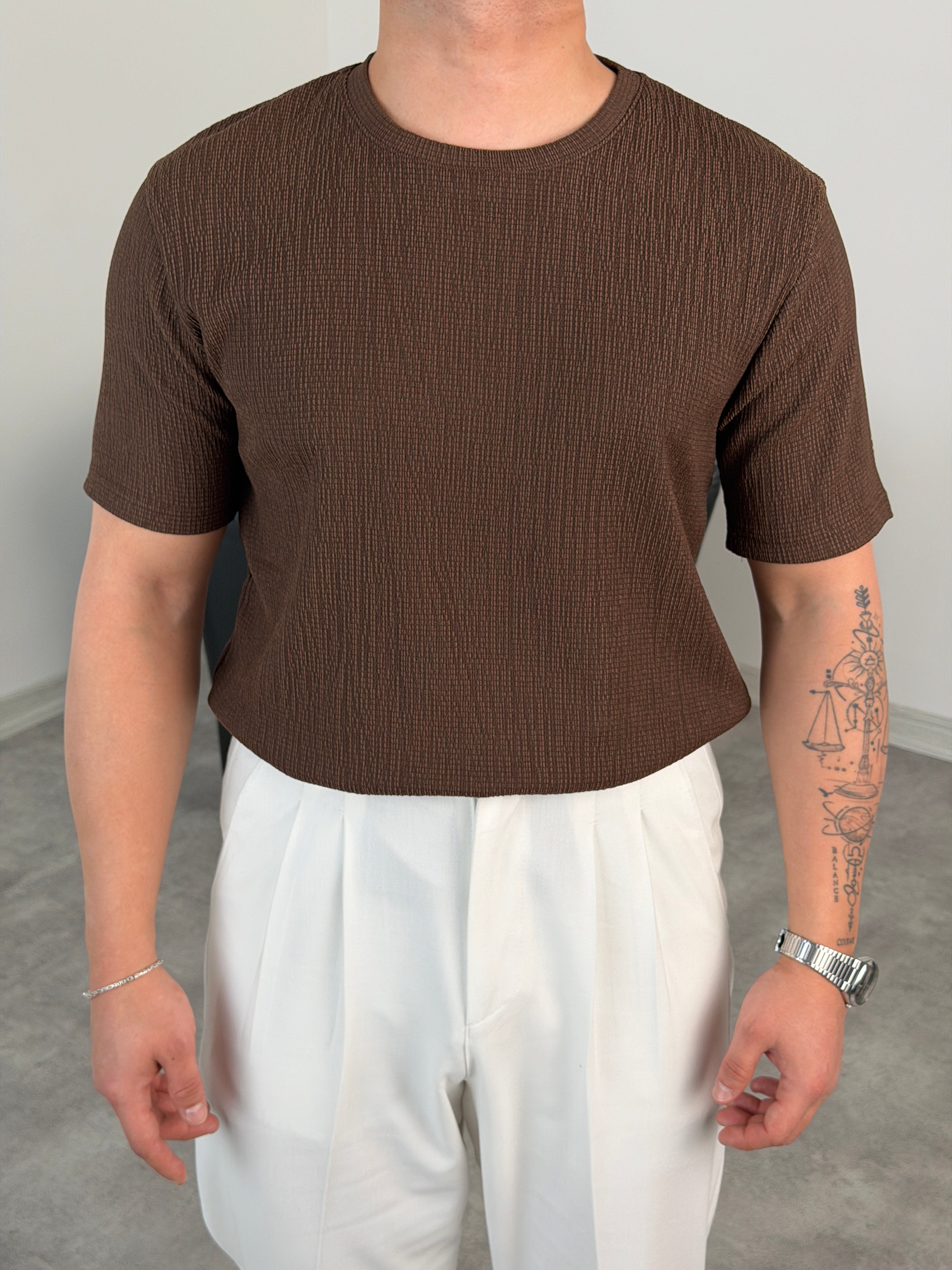 BASİC ÖRME BÜRÜMCÜK TİŞÖRT ACI KAHVE