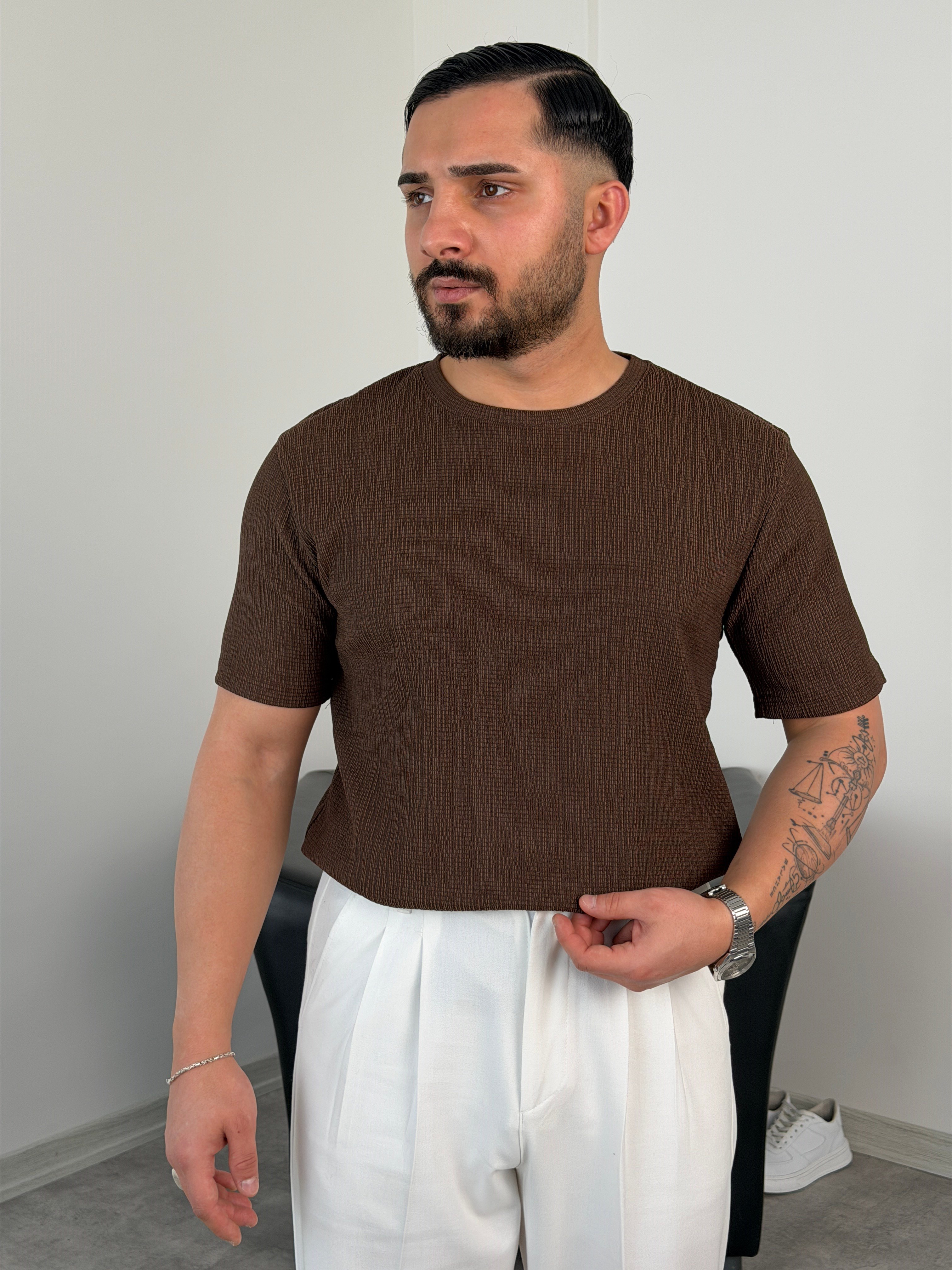 BASİC ÖRME BÜRÜMCÜK TİŞÖRT ACI KAHVE