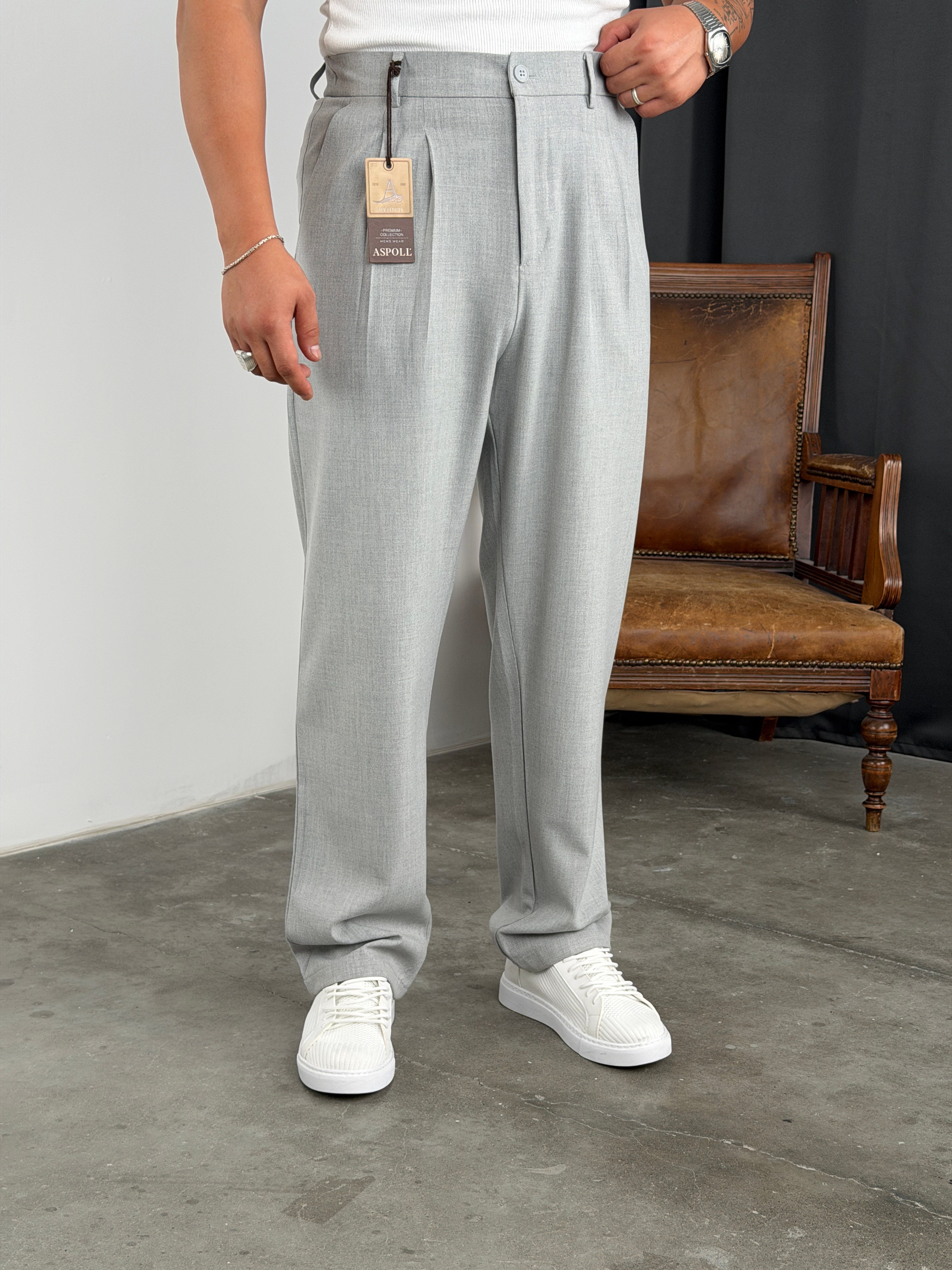 BASİC PİLELİ SÜPER BAGGY KUMAŞ PANTOLON GRİ