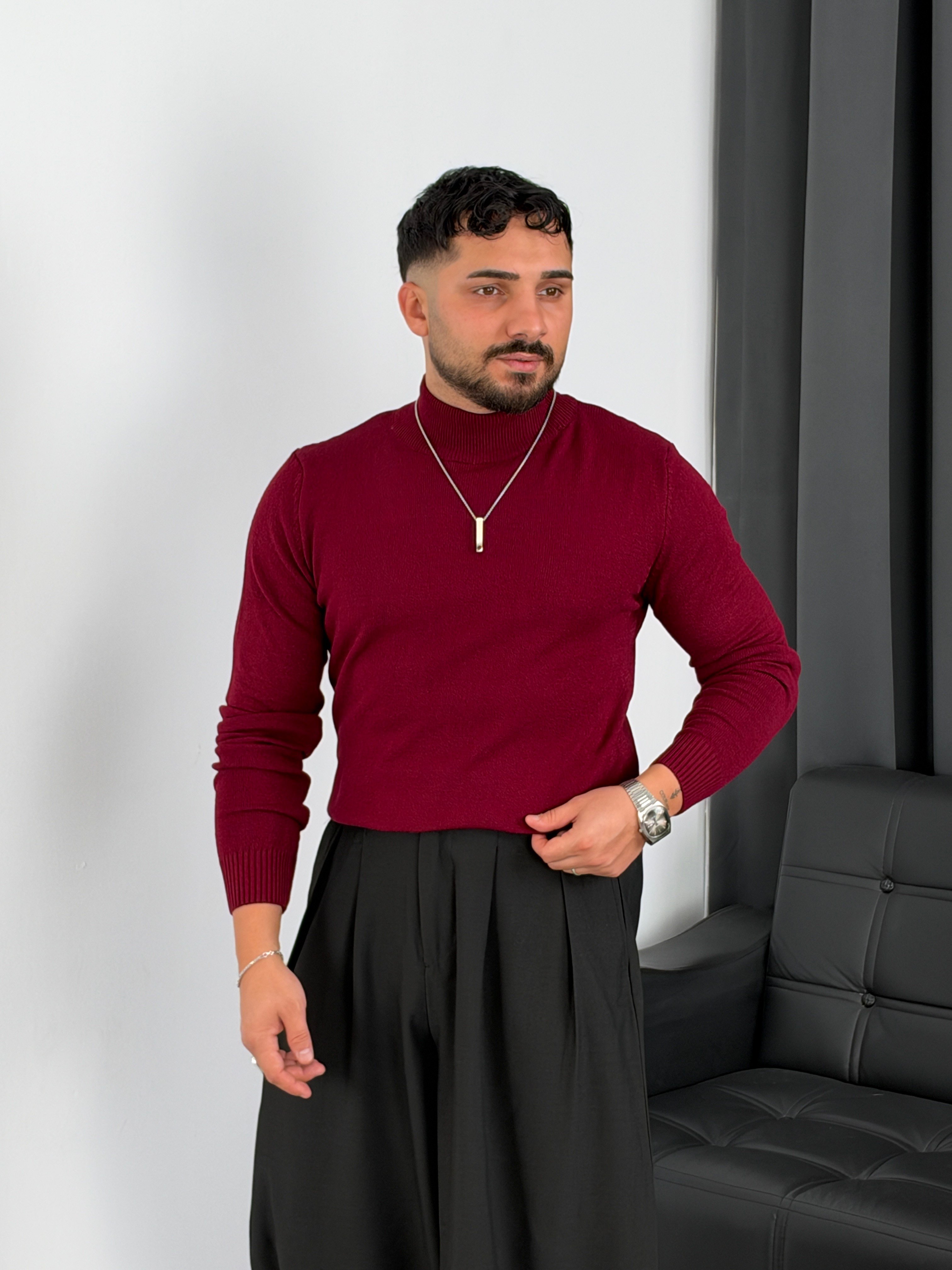 Basic Triko Balıkçı Yaka Sweatshirt Bordo