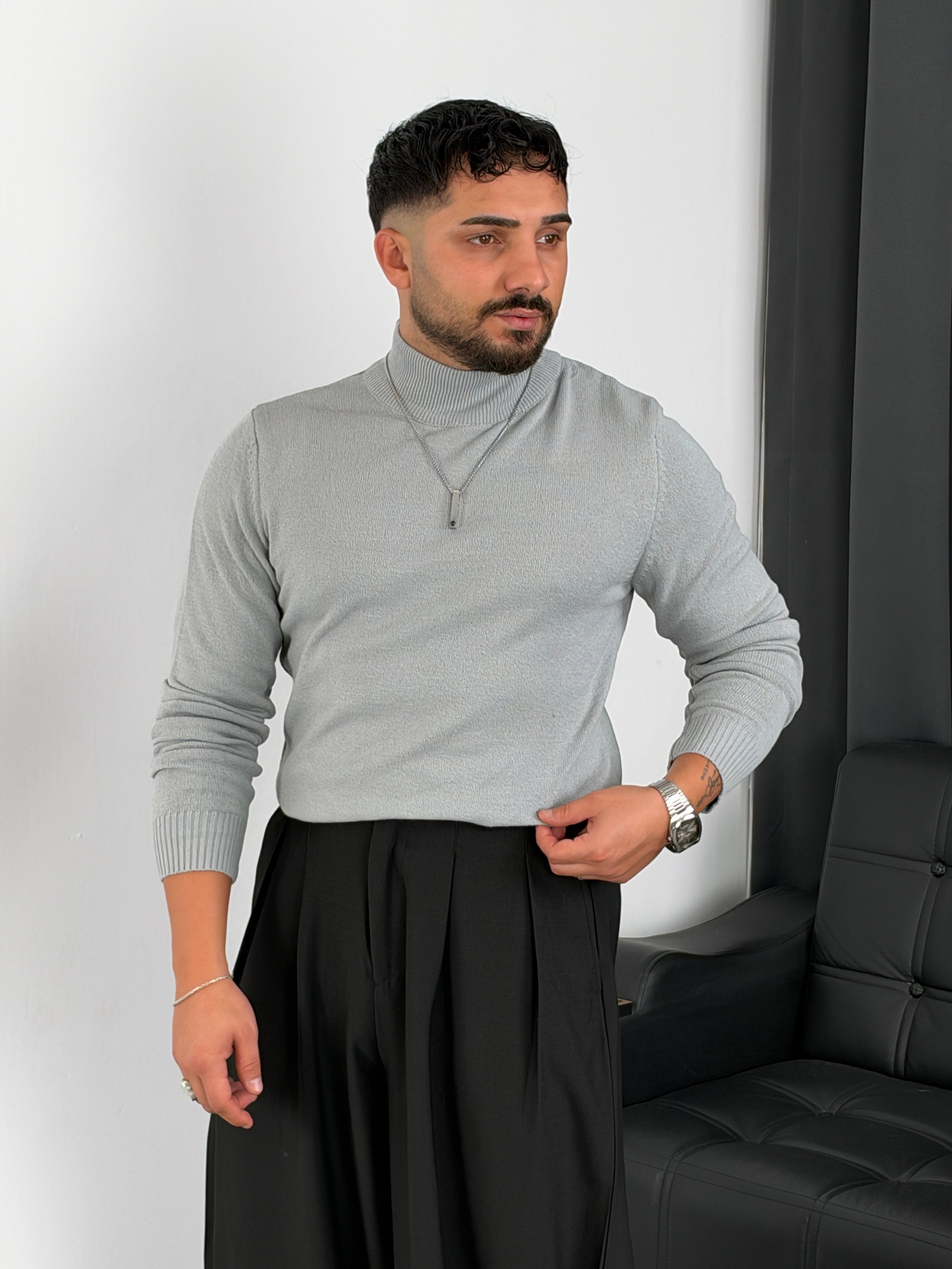 Basic Triko Balıkçı Yaka Sweatshirt Gri