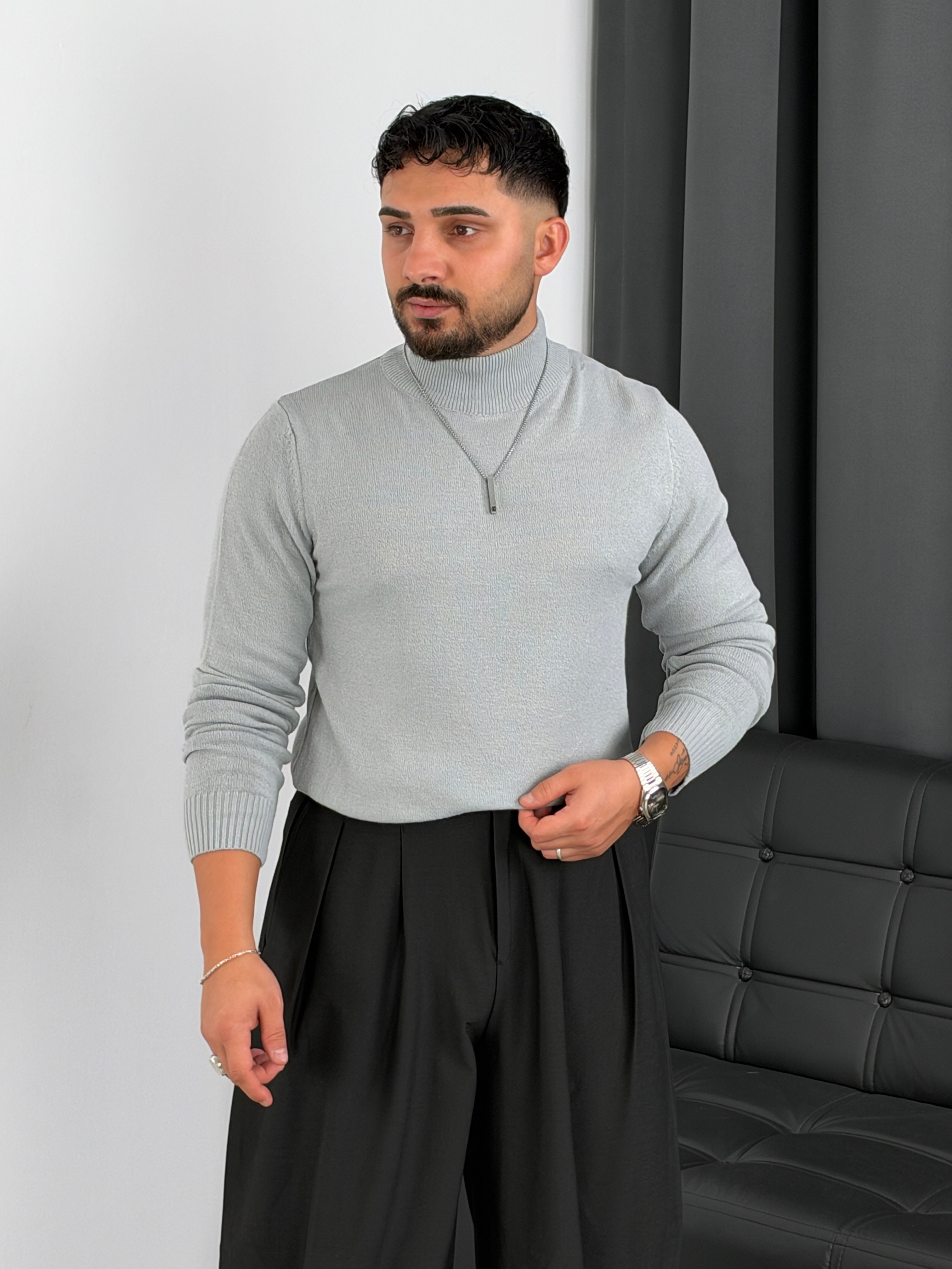 Basic Triko Balıkçı Yaka Sweatshirt Gri