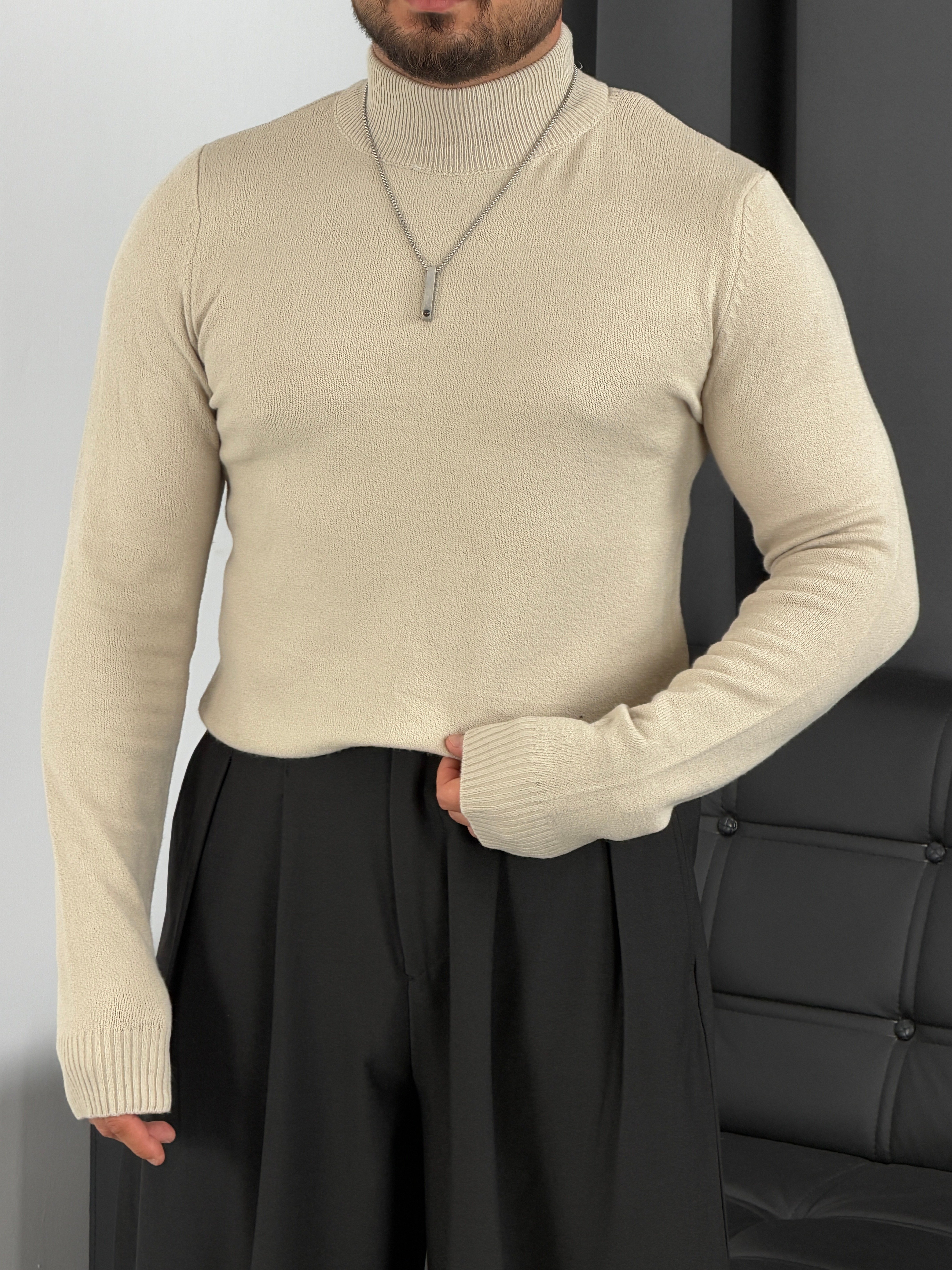 Basic Triko Balıkçı Yaka Sweatshirt Krem