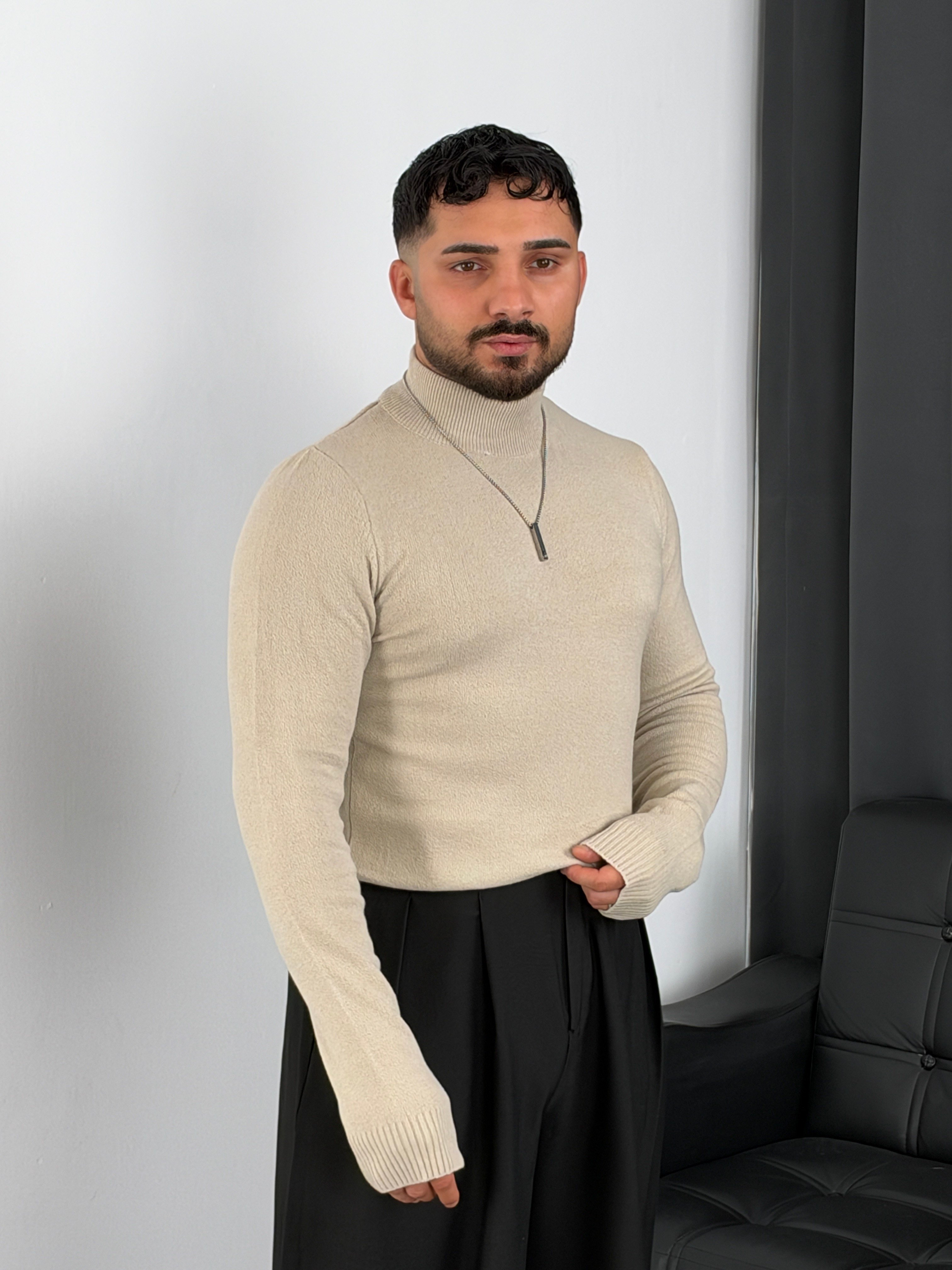 Basic Triko Balıkçı Yaka Sweatshirt Krem