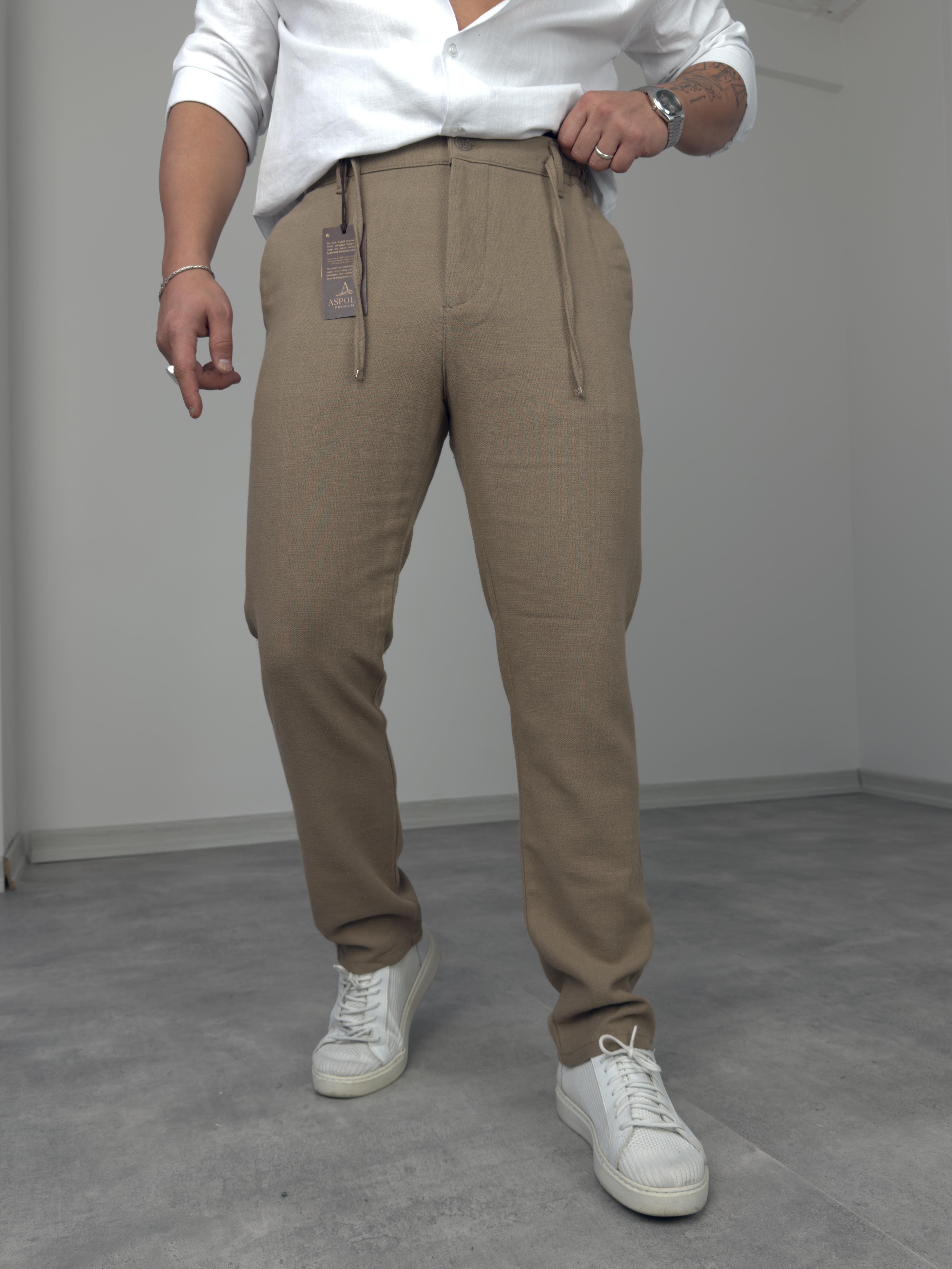 BELİ İPLİ REGULAR KALIP KETEN PANTOLON KAHVE