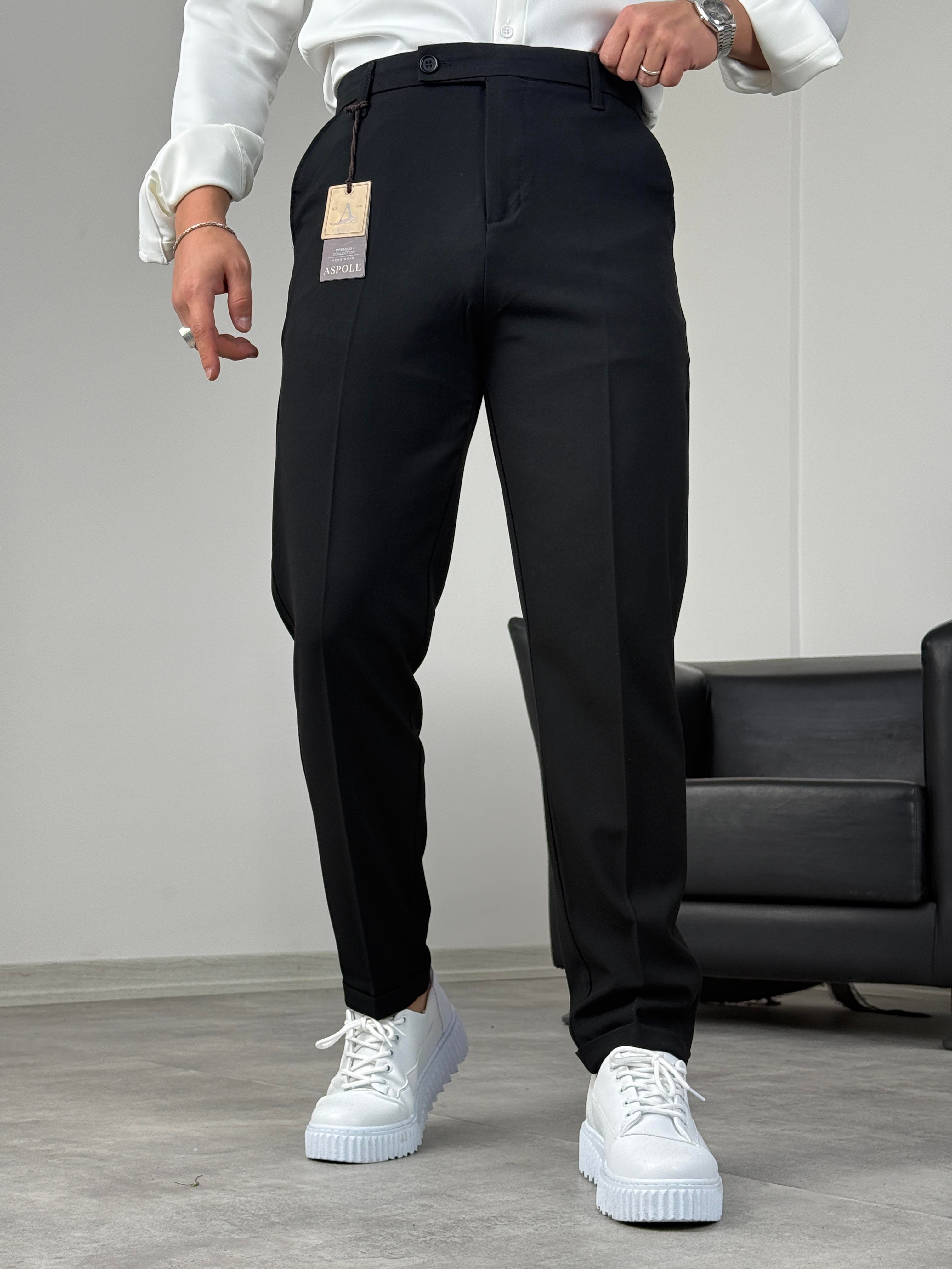 BOYFİREND KALIP DUBLE PAÇA DİLLİ KUMAŞ PANTOLON SİYAH