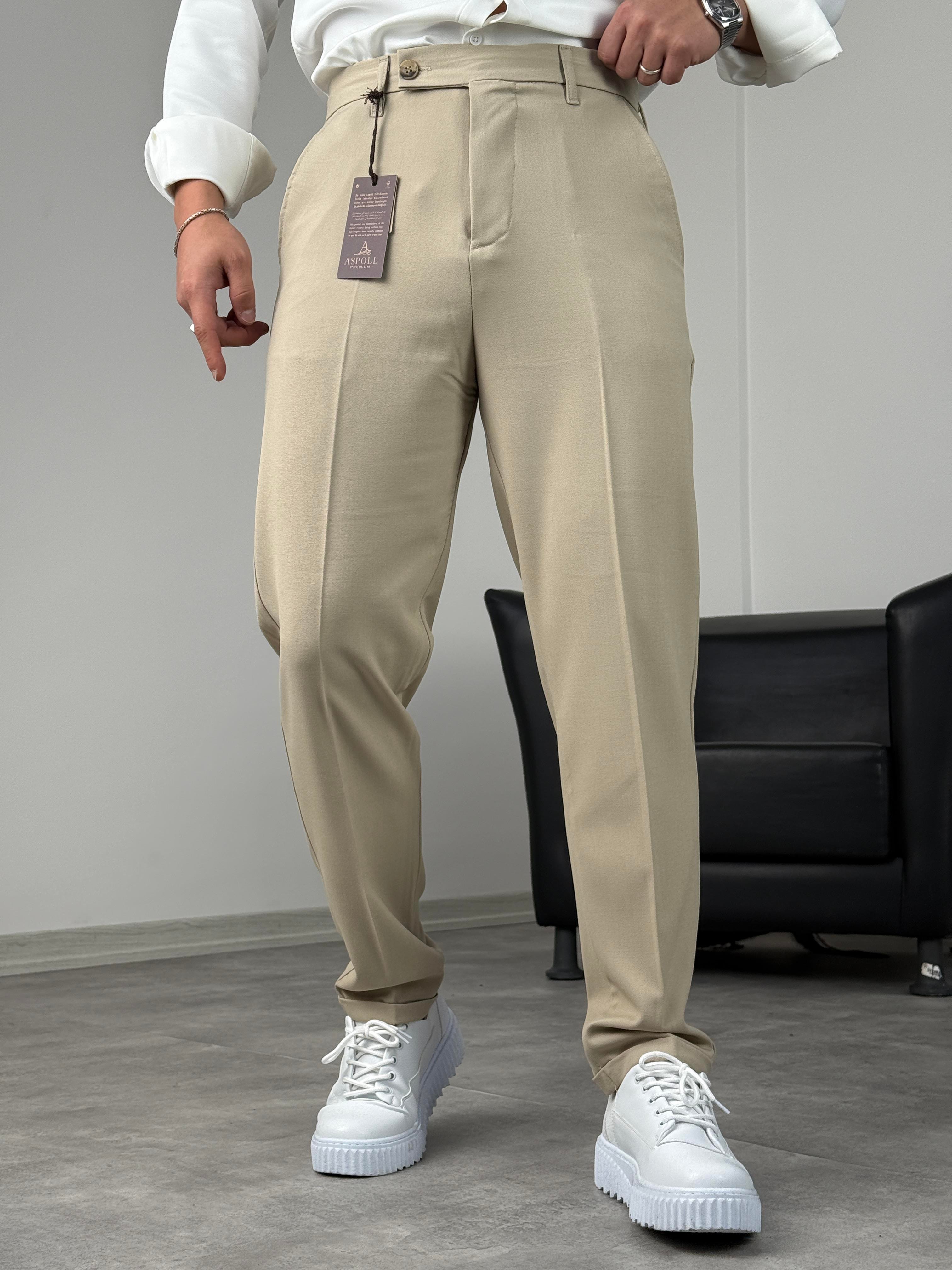 BOYFİREND KALIP DUBLE PAÇA DİLLİ KUMAŞ PANTOLON BEJ