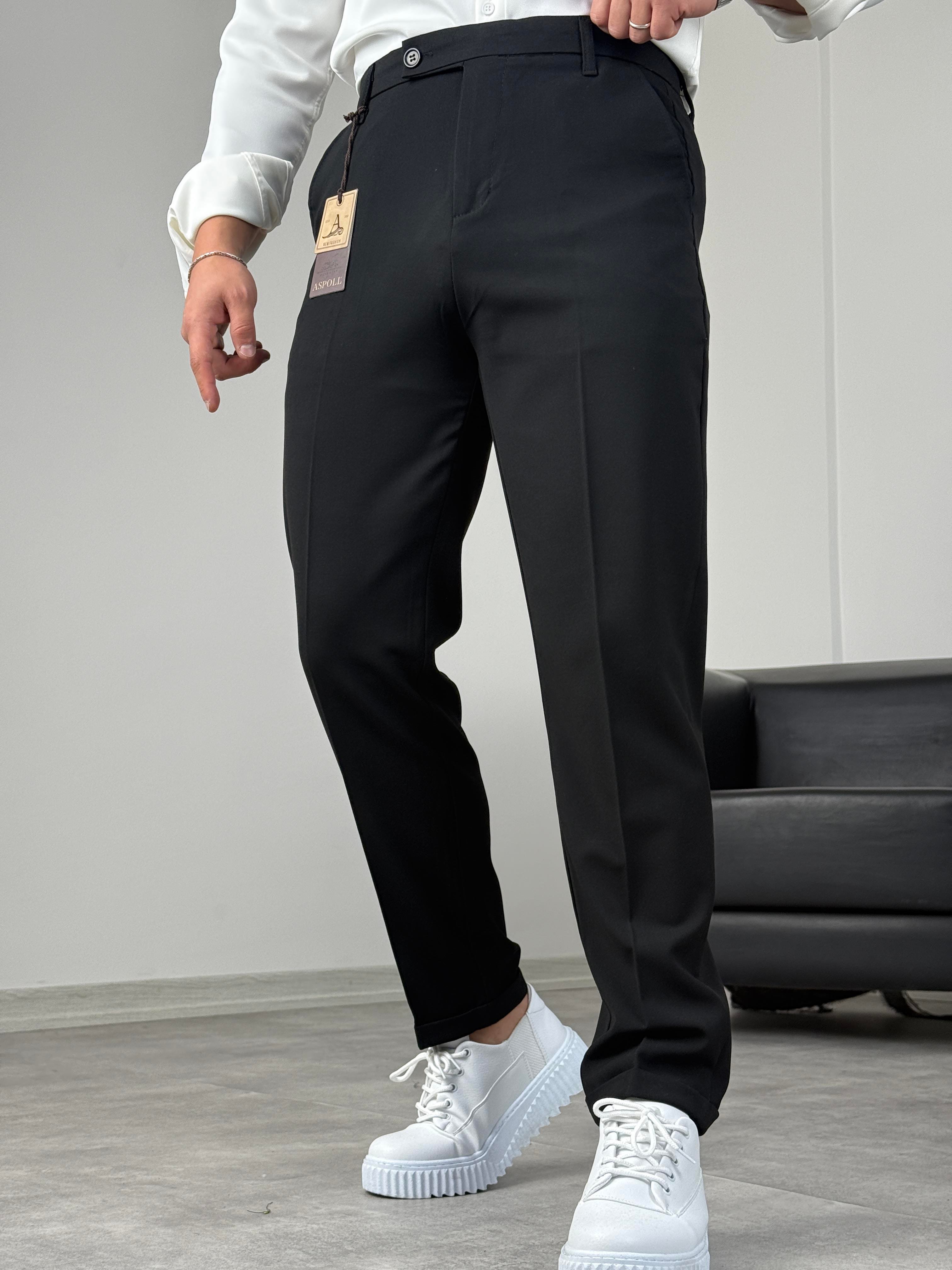 BOYFİREND KALIP DUBLE PAÇA DİLLİ KUMAŞ PANTOLON SİYAH